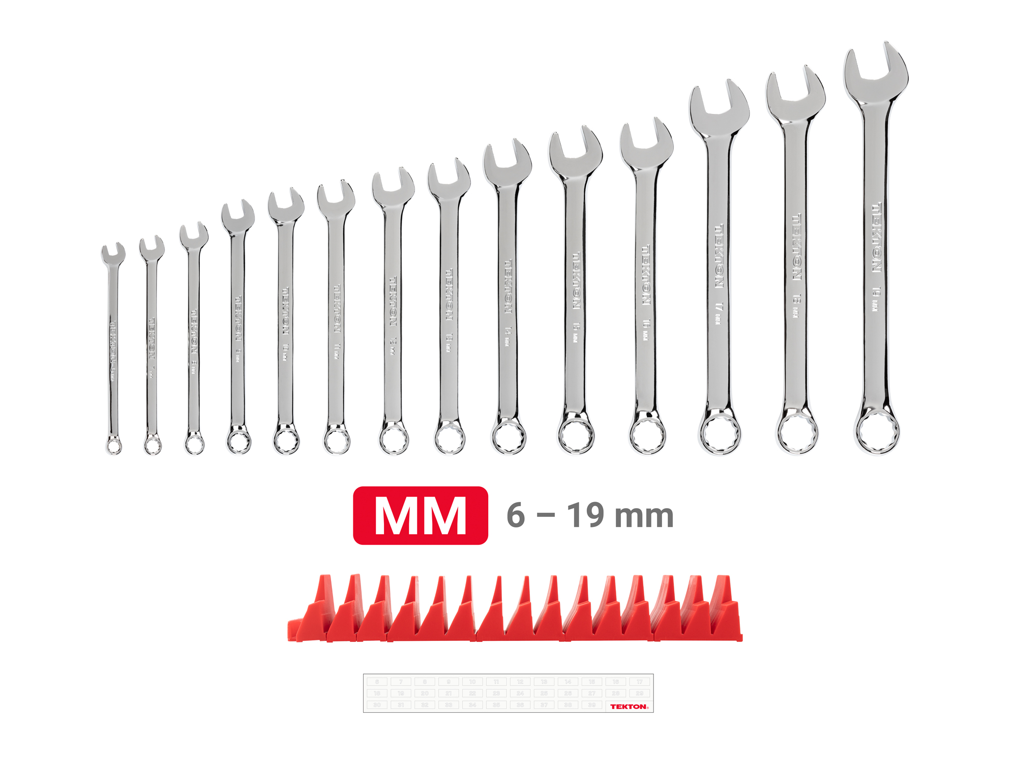 Includes: 6-19 mm (Metric) combination wrenches with no skipped sizes. Set comes with USA-made modular wrench organizers ideal for tool cabinet drawers. WCB95201.