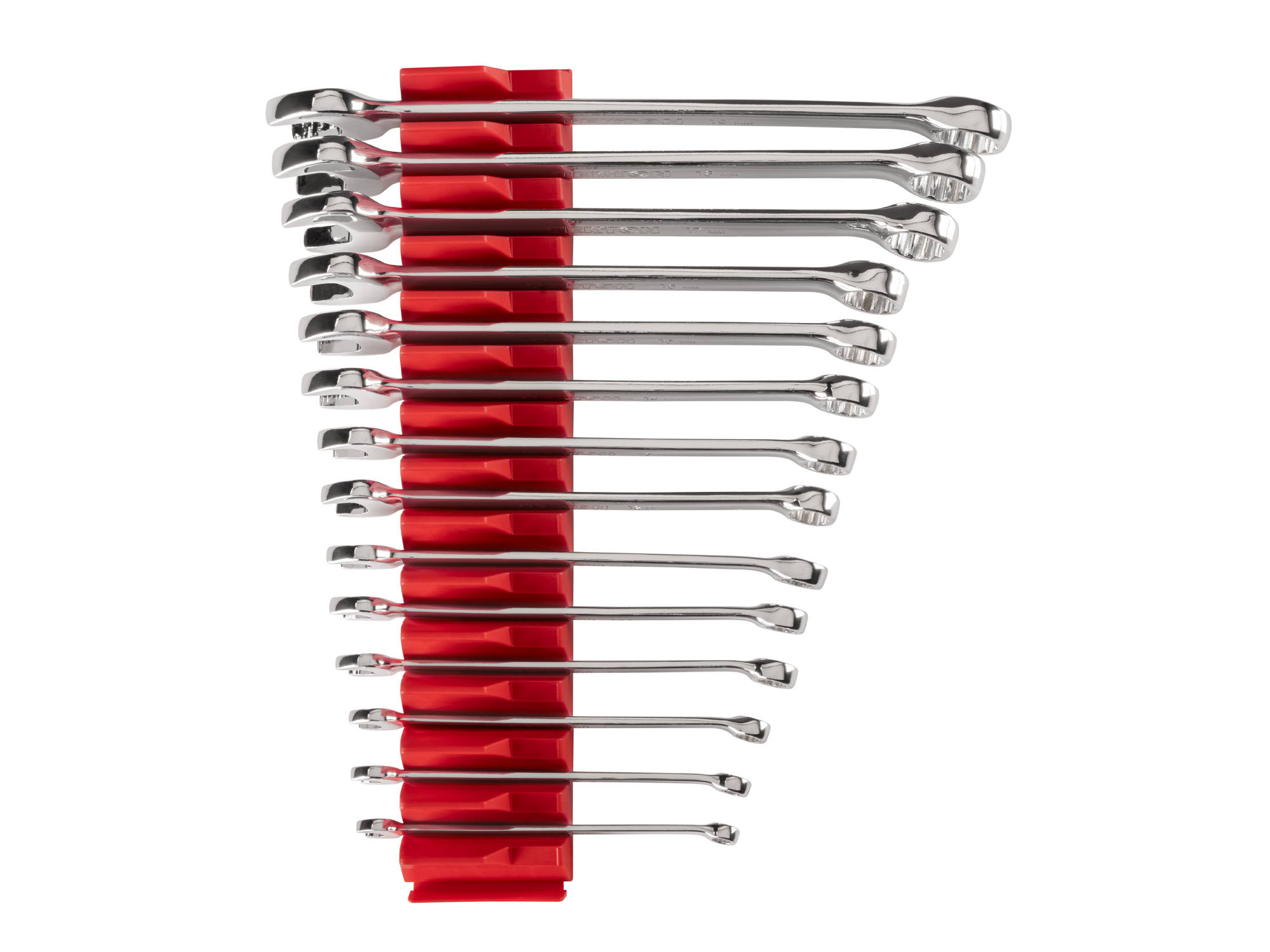 Front view of  14-piece metric combination wrench set in a red modular