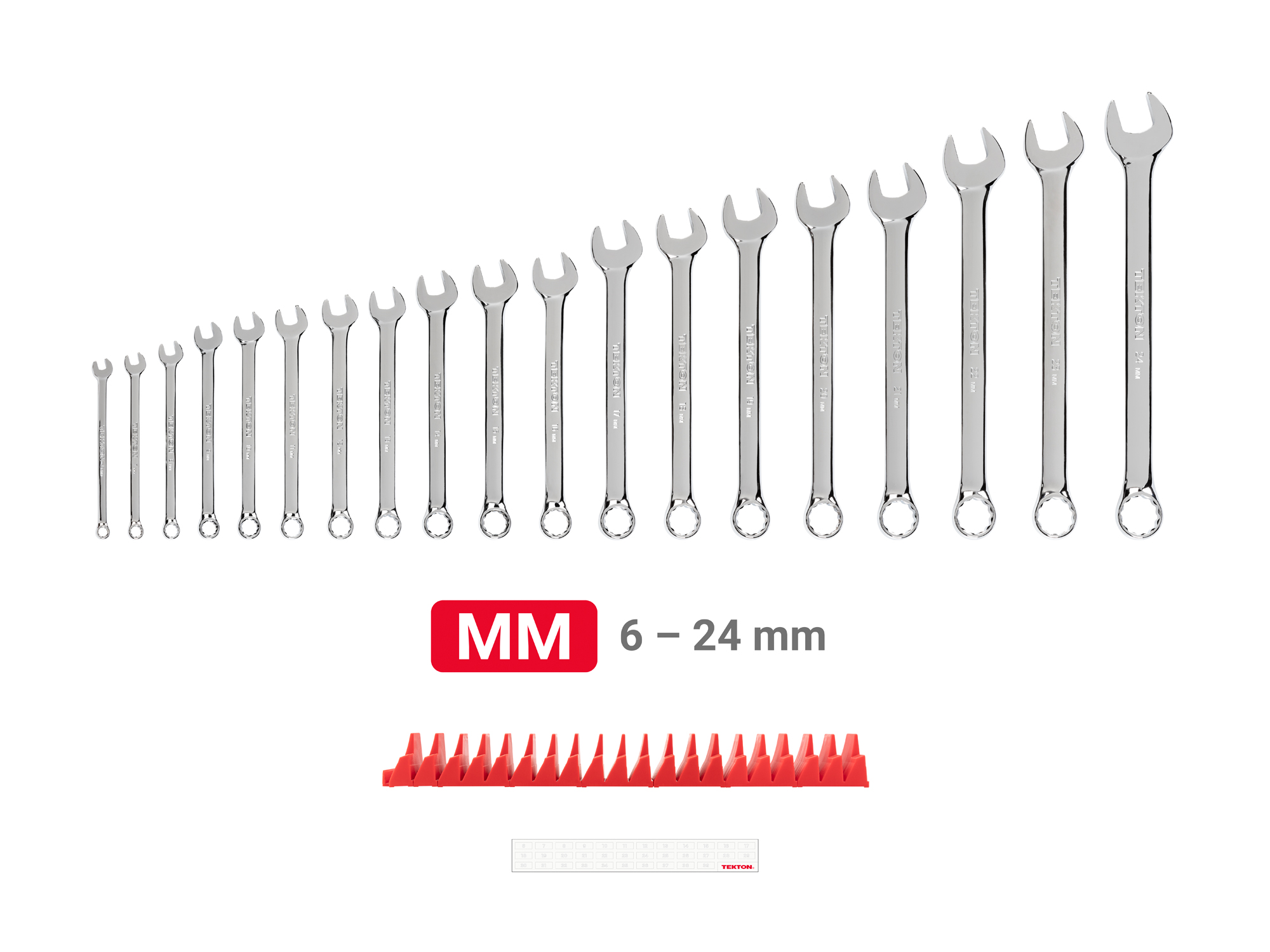 Includes: 6-24 mm (Metric) combination wrenches with no skipped sizes. Set comes with USA-made modular wrench organizers ideal for tool cabinet drawers. WCB95202.