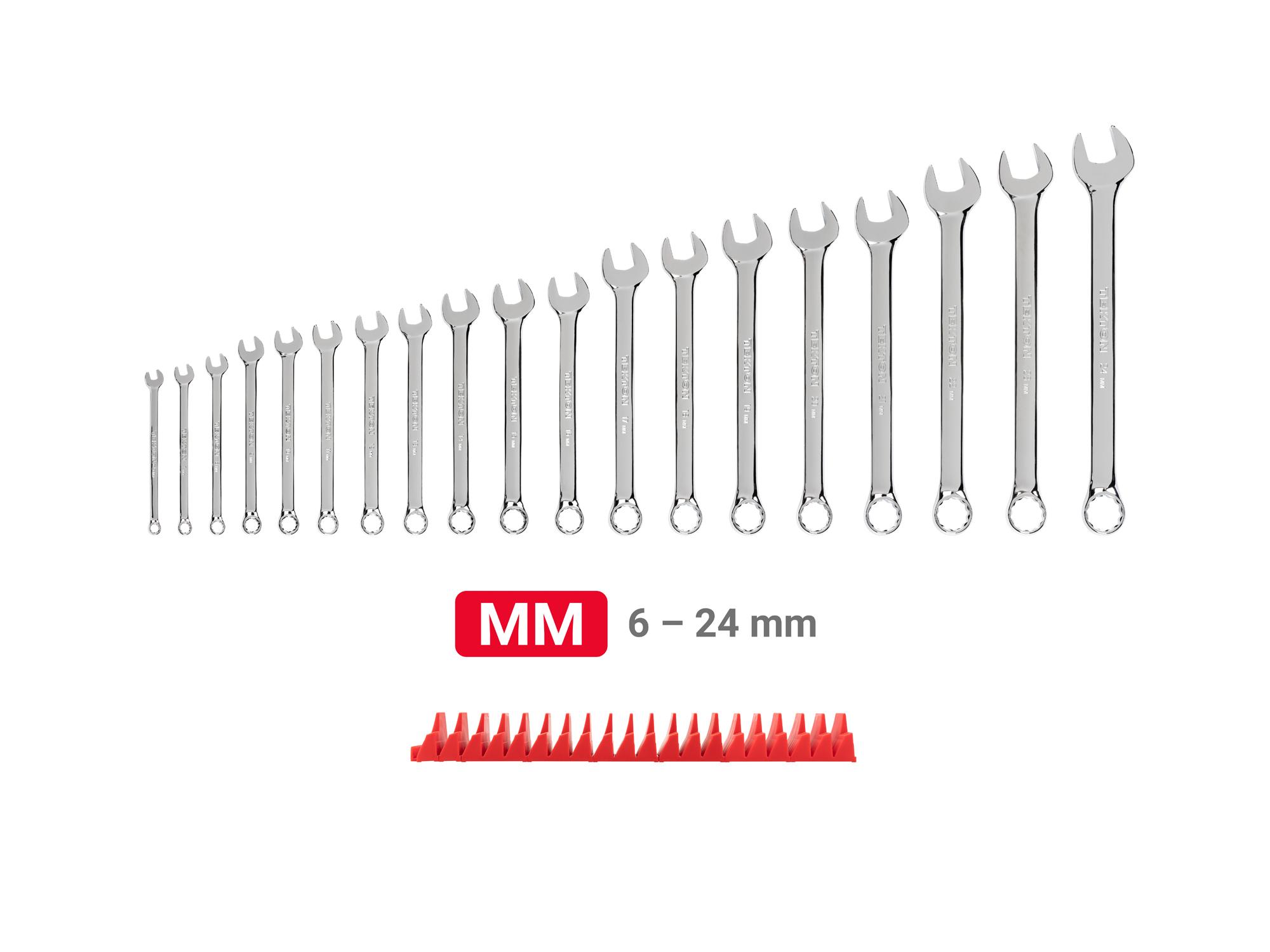 Laid out contents of Tekton modular combination wrench set. Item #WCB95202
