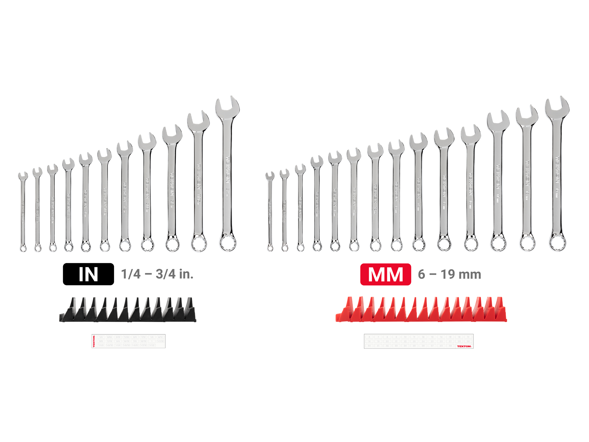 Includes: 1/4-3/4 inch (SAE) and 6-19 mm (Metric) combination wrenches with no skipped sizes. Set comes with USA-made modular wrench organizers ideal for tool cabinet drawers. WCB95301.