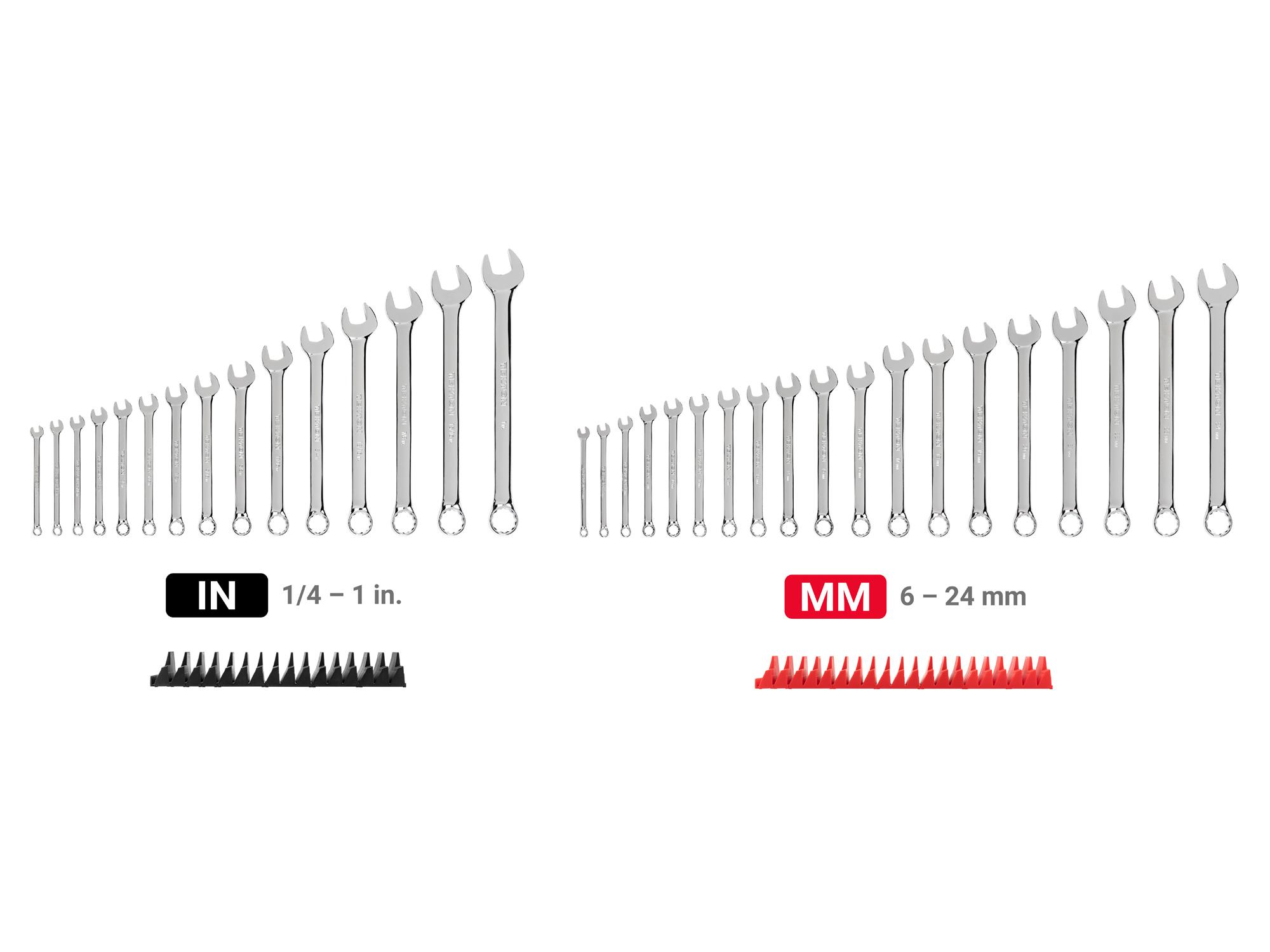 Laid out contents of Tekton modular combination wrench set. Item #WCB95302