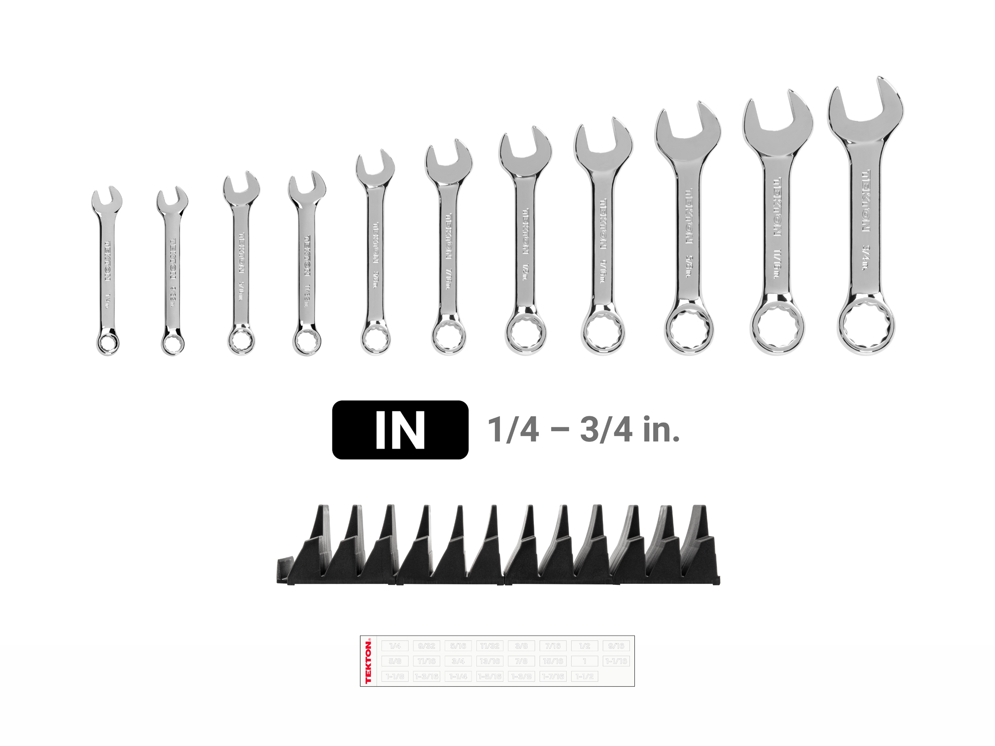 Includes: 1/4-3/4 inch (SAE) stubby combination wrenches with no skipped sizes. Set comes with USA-made modular wrench organizers ideal for tool cabinet drawers. WCB95401.