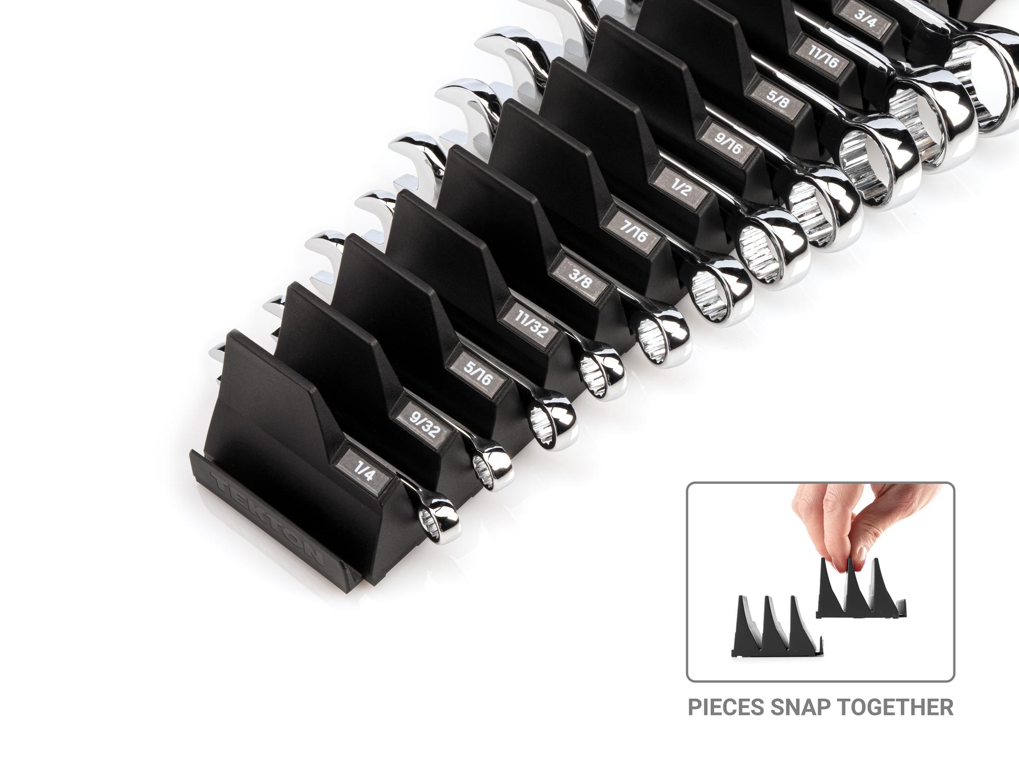 Tekton combination wrench set shown in a modular slotted organization option. Item #WCB95401