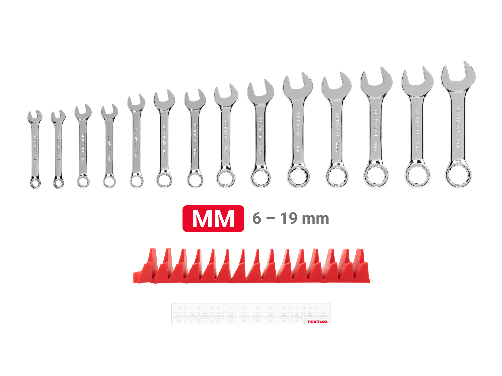 Includes: 6-19 mm (metric) stubby combination wrenches with no skipped sizes. Set comes with USA-made modular wrench organizers ideal for tool cabinet drawers. WCB95402.