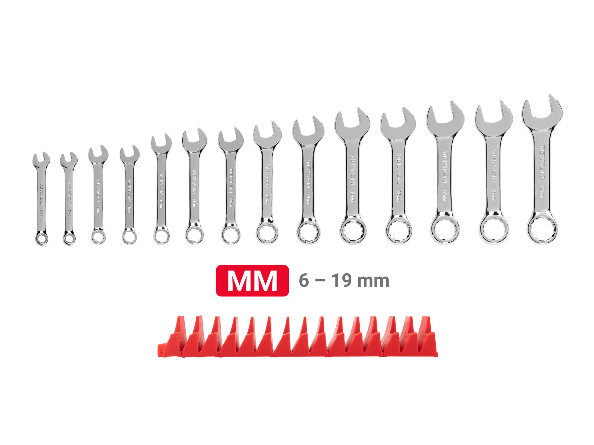 Laid out contents of Tekton modular combination wrench set. Item #WCB95402