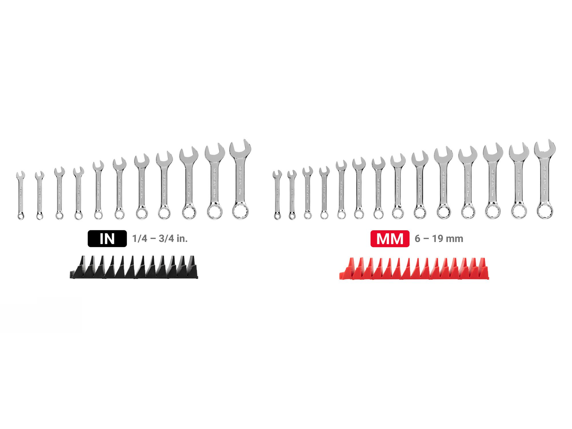Laid out contents of Tekton modular combination wrench set. Item #WCB95403