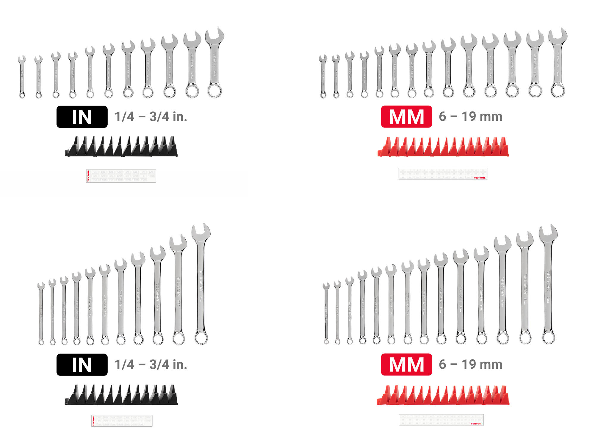 Includes: stubby and regular length inch (SAE) and mm (Metric) combination wrenches in modular wrench organizers with inch and metric label sheets. No skipped sizes. WCB95901.