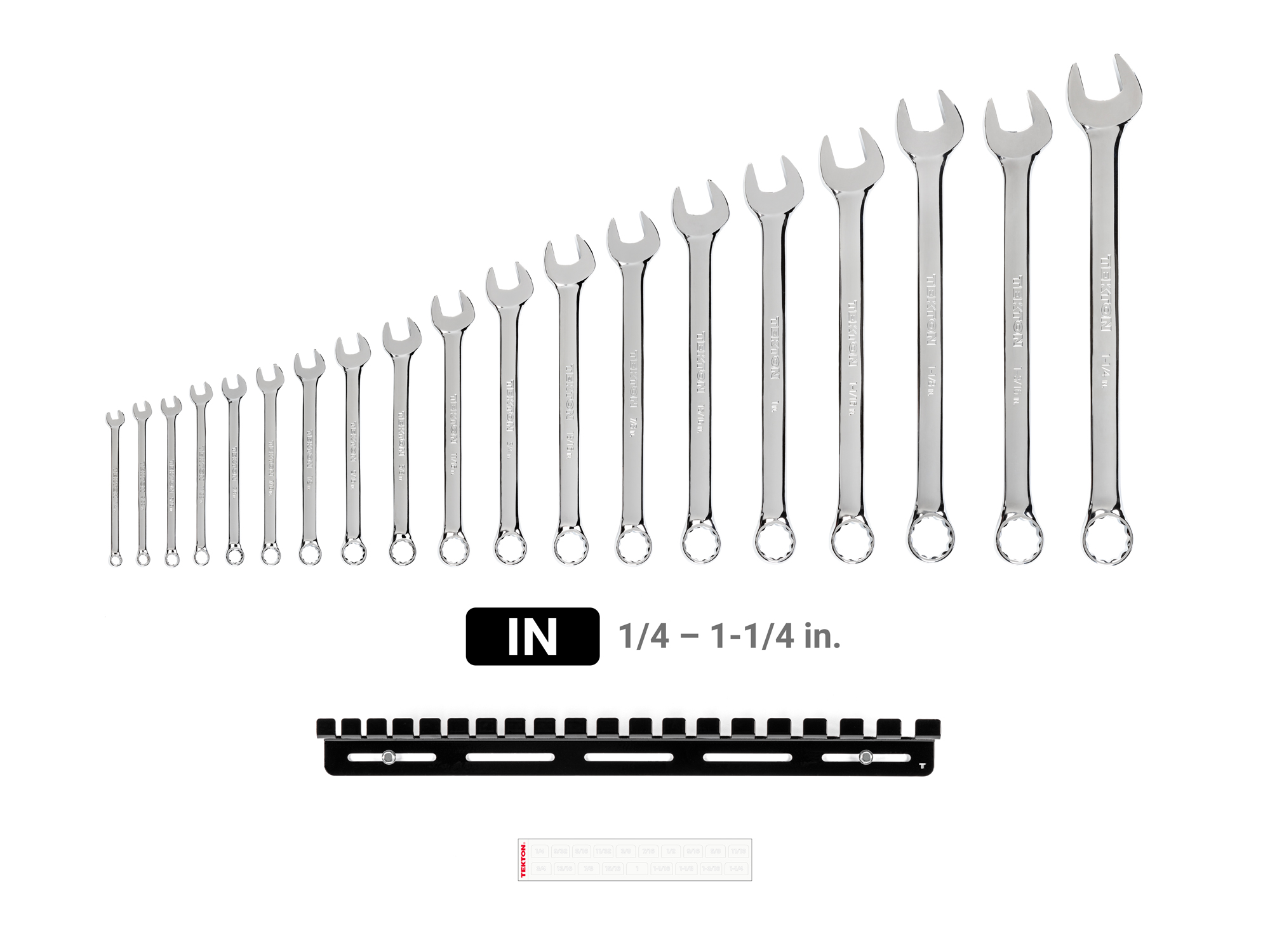 Includes: 1/4 - 1-1/4 inch (SAE) 12 point standard-length combination wrenches with wall hanger storage. No skipped sizes. WCB96101.