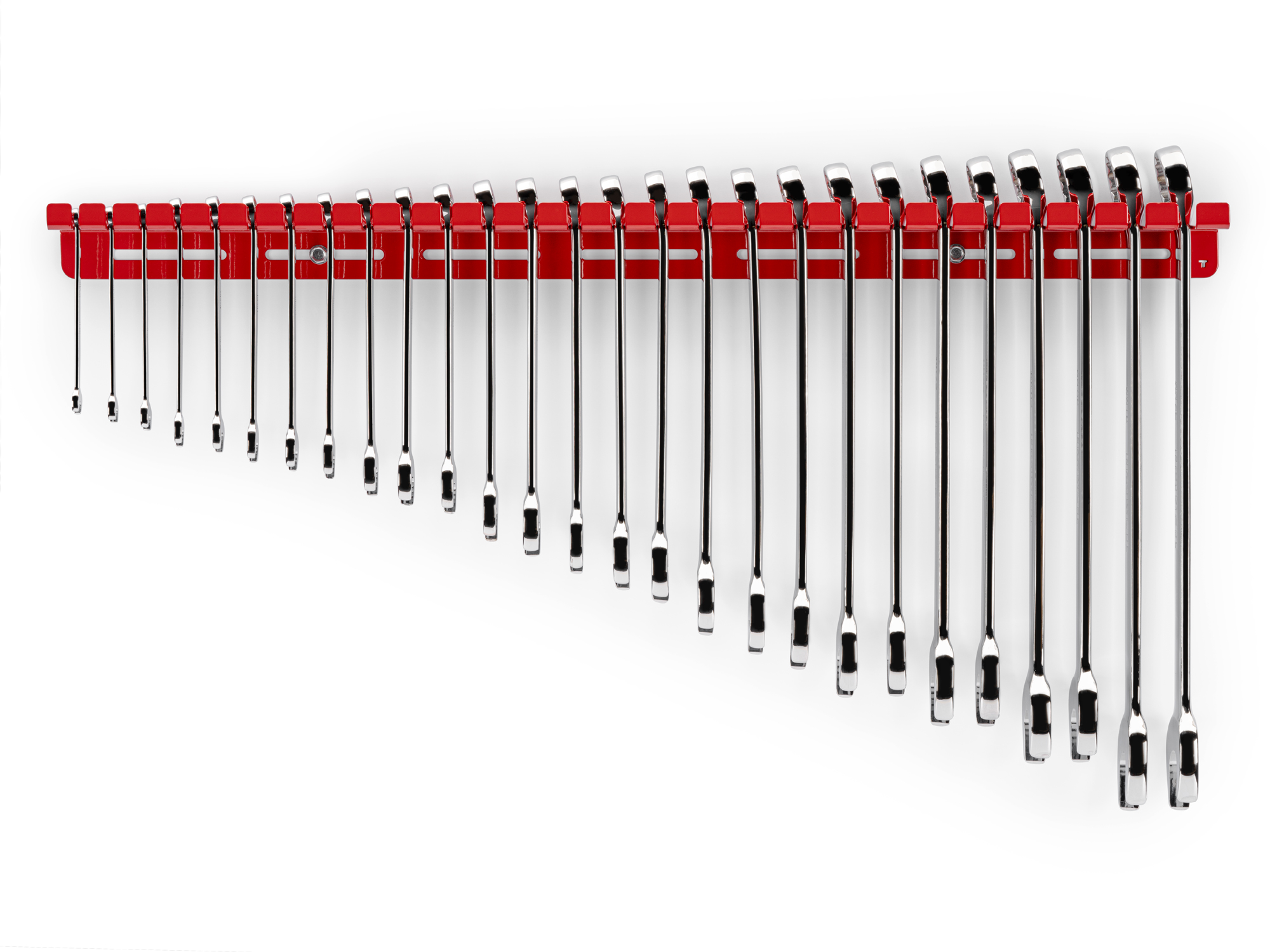 Front view of  27-piece metric combination wrench set on a red hanger