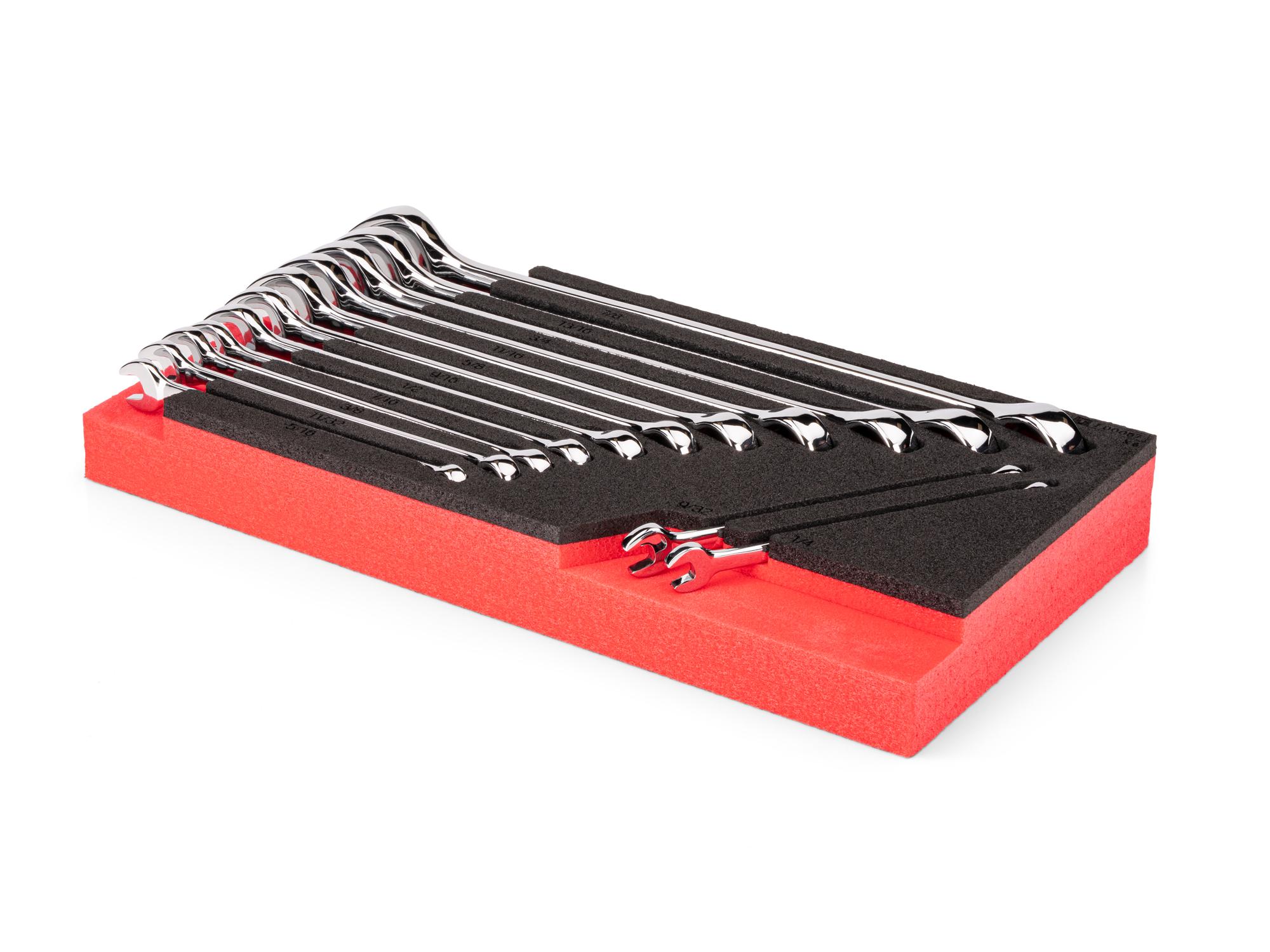 Angled view of Tekton combination wrench set with 12 x 6 inch foam organizer. WCB98101