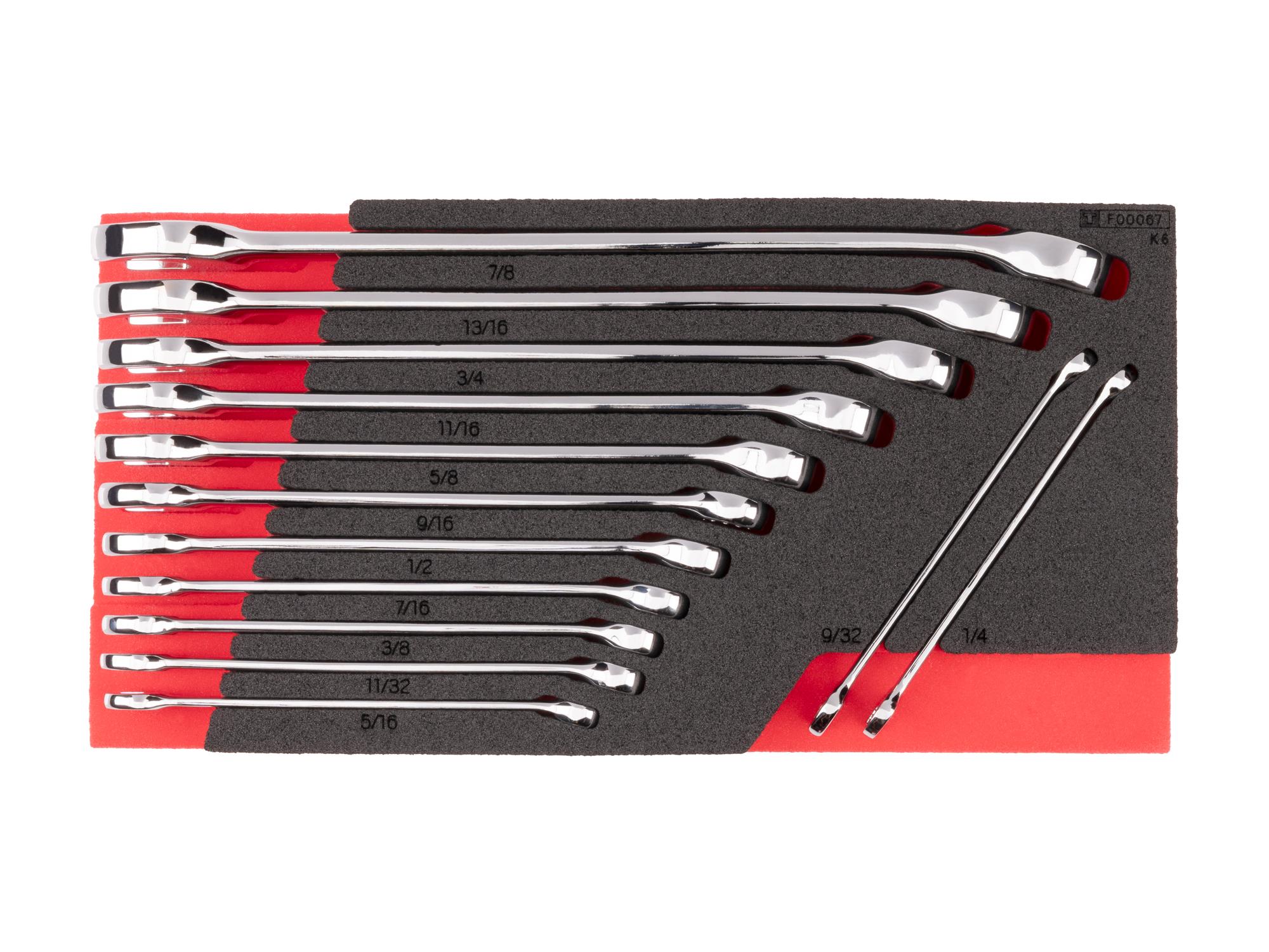 Top view of Tekton combination wrench set with 12 x 6 inch foam organizer. WCB98101