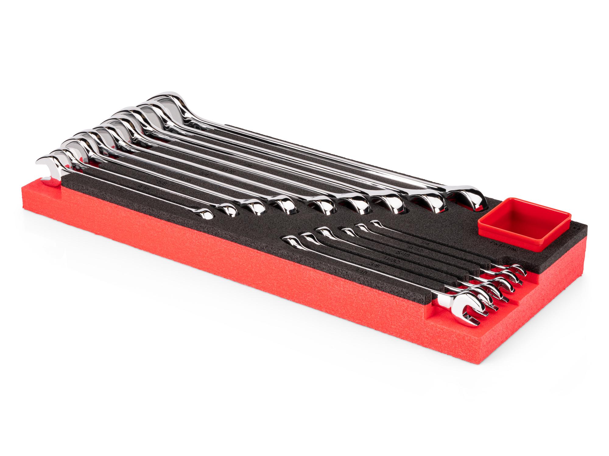 Angled view of Tekton combination wrench set with 16 x 6 inch foam organizer. WCB98102