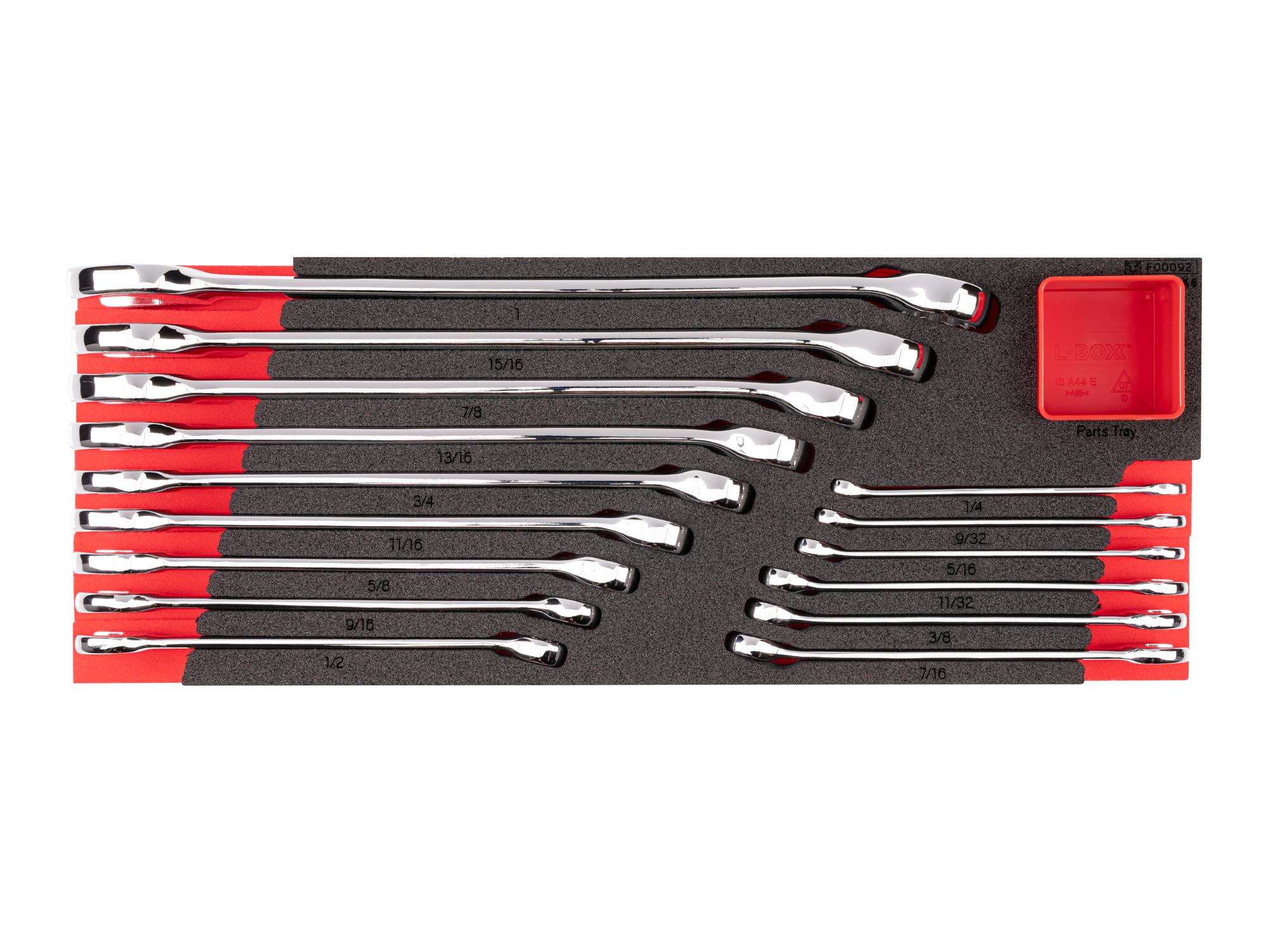 Top view of Tekton combination wrench set with 16 x 6 inch foam organizer. WCB98102