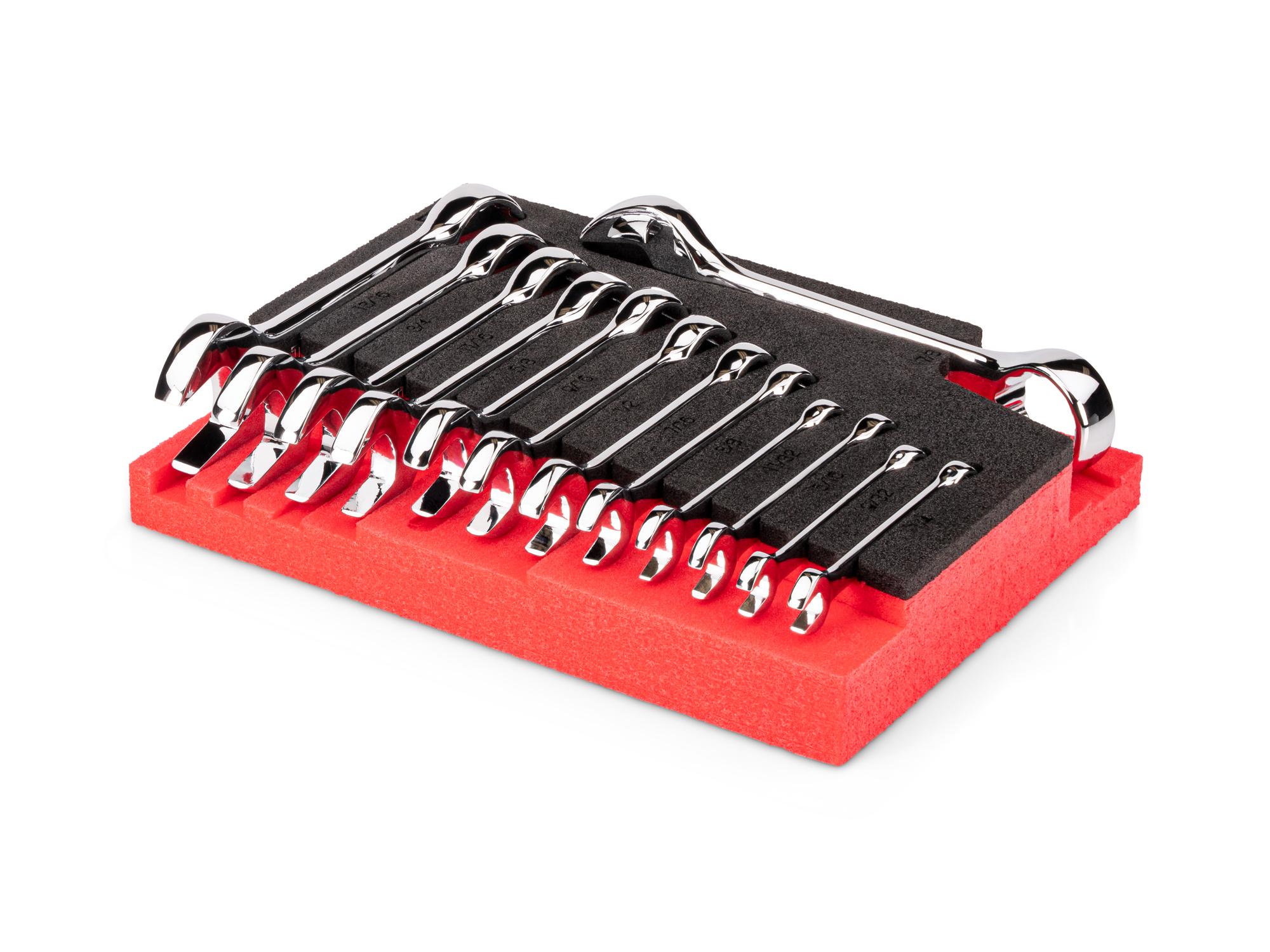 Angled view of Tekton stubby combination wrench set with 8 x 6 inch foam organizer. WCB98103