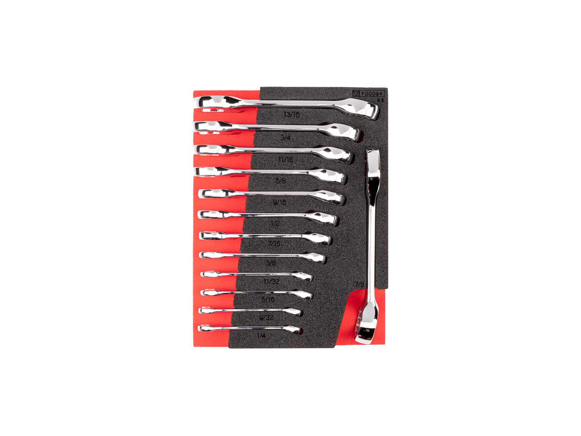 Top view of red Tekton stubby combination wrench set with 8 x 6 inch foam organizer. WCB98103