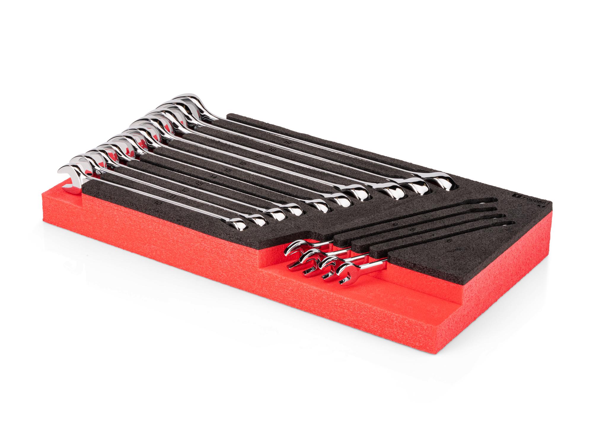 Angled view of red Tekton combination wrench set with 12 x 6 inch foam organizer. WCB98202