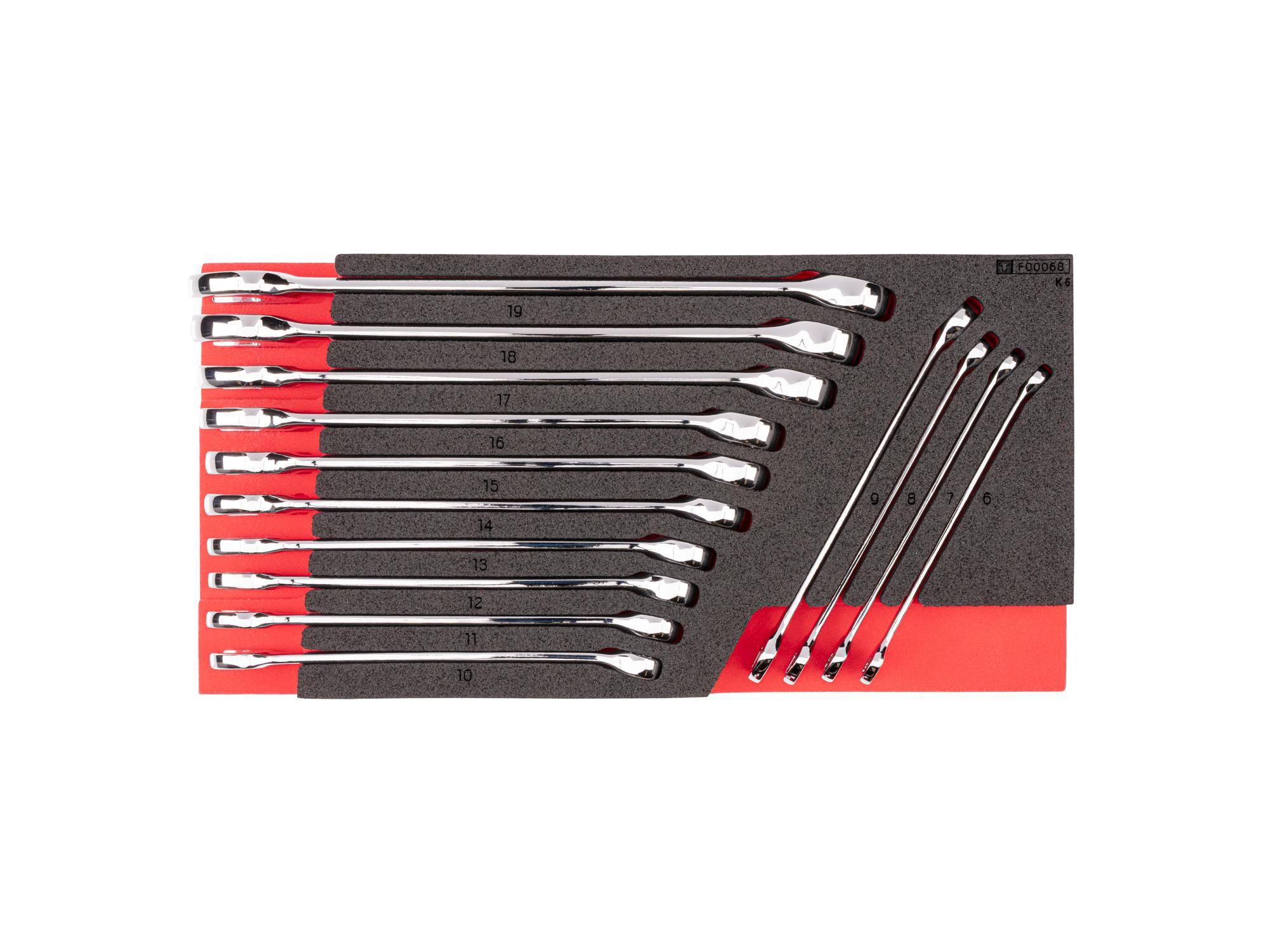 Top view of Tekton combination wrench set with 12 x 6 inch foam organizer. WCB98202