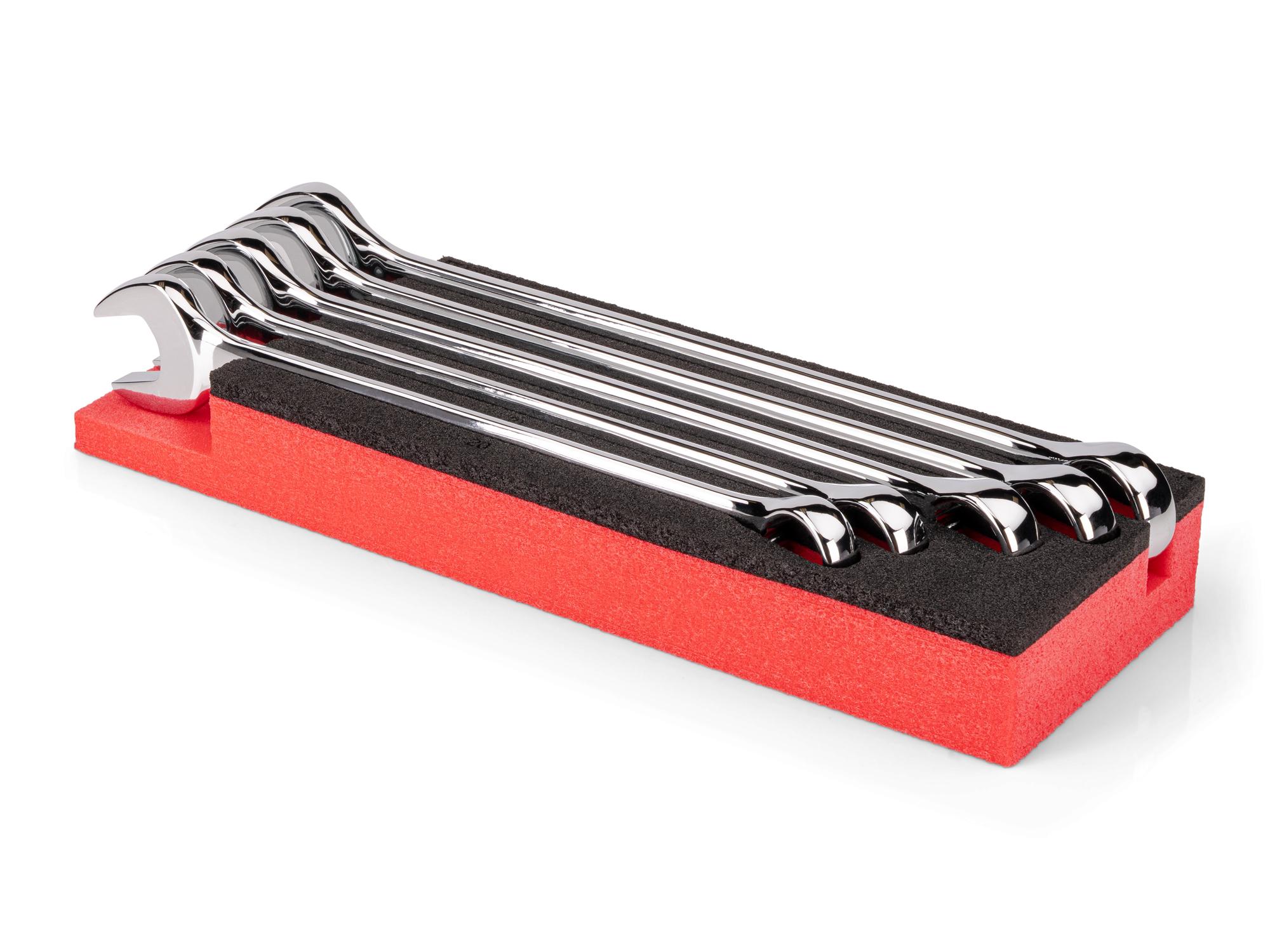 Angled view of Tekton combination wrench set with 12 x 4 inch foam organizer, 5-piece. WCB98203