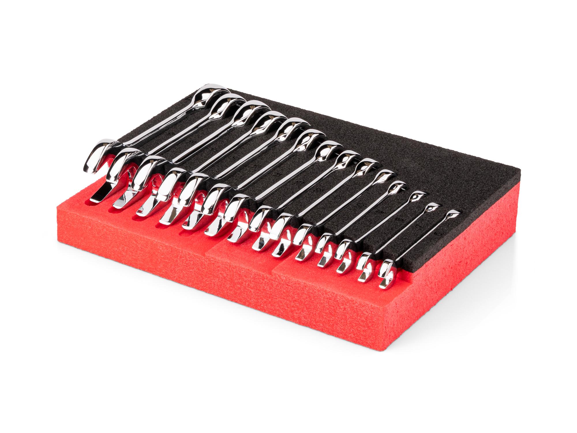 Angled view of Tekton Stubby Combination Wrench Set with 8 x 6 Inch Foam Organizer. WCB98204