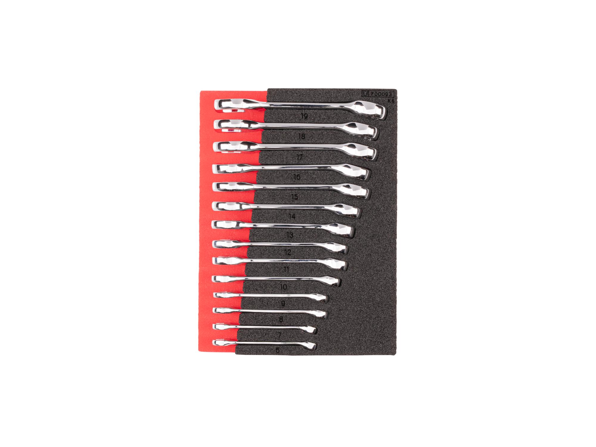 Top view of Tekton stubby combination wrench set with 8 x 6 inch foam organizer. WCB98204
