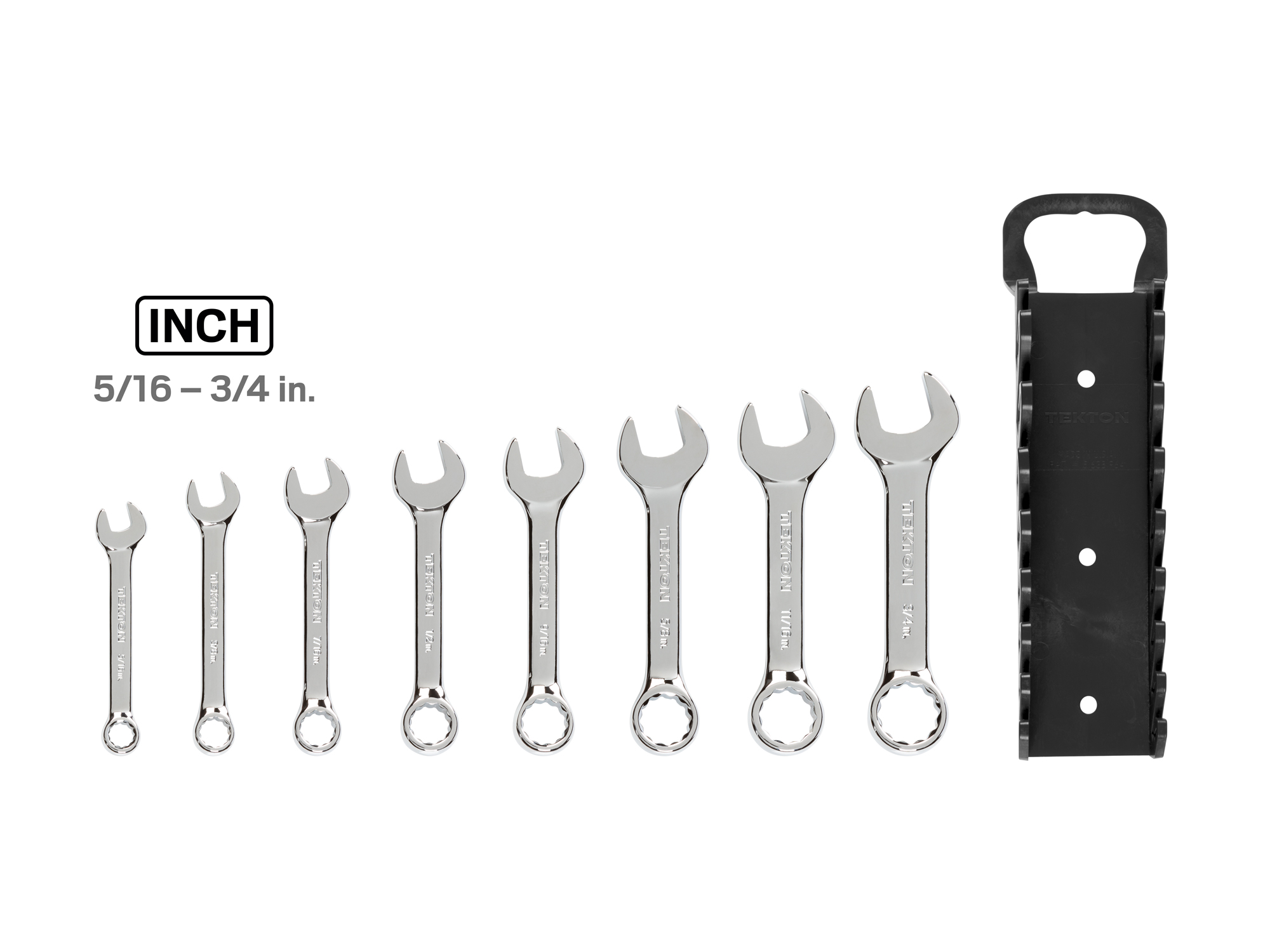 Includes: 5/16-3/4 inch (SAE) stubby combination wrenches. No skipped sizes. Comes with holder. WRN01066.