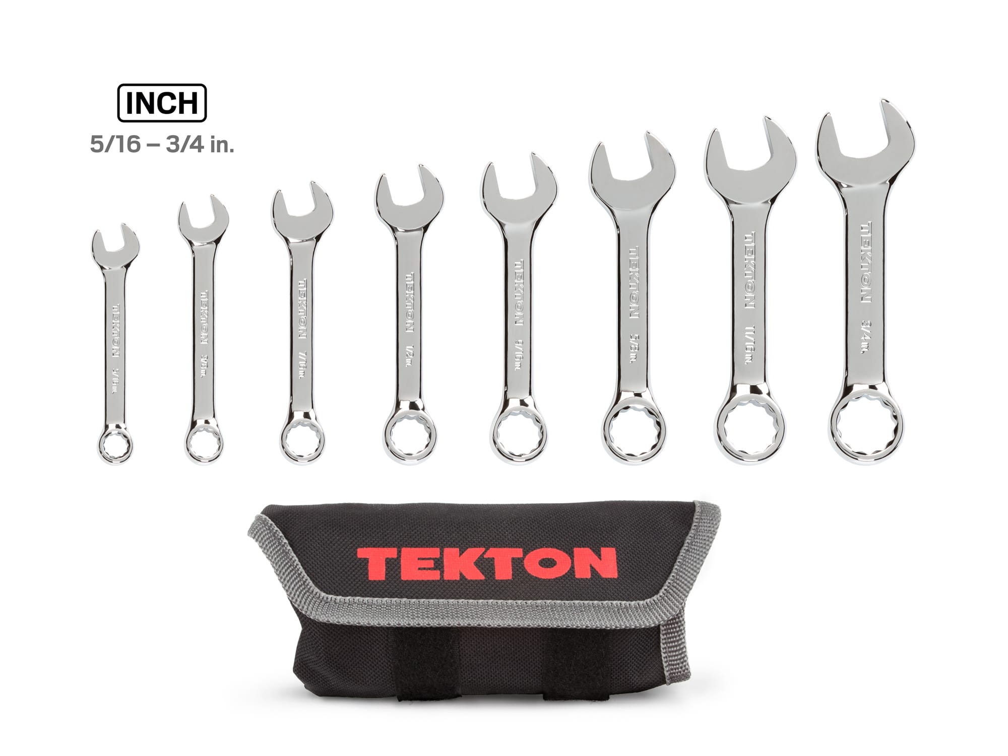 Includes: 5/16-3/4 inch (SAE) stubby combination wrenches. No skipped sizes. Comes with roll-up pouch. WRN01086.