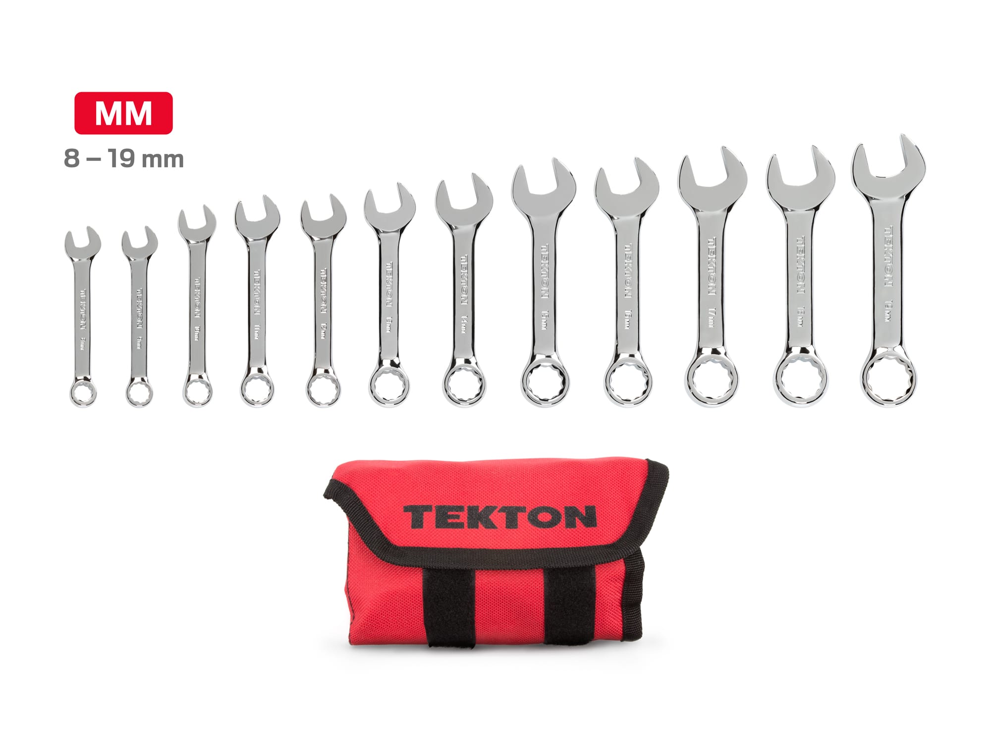 Includes: 8-19 mm (Metric) stubby combination wrenches. No skipped sizes. Comes with roll-up pouch. WRN01190.