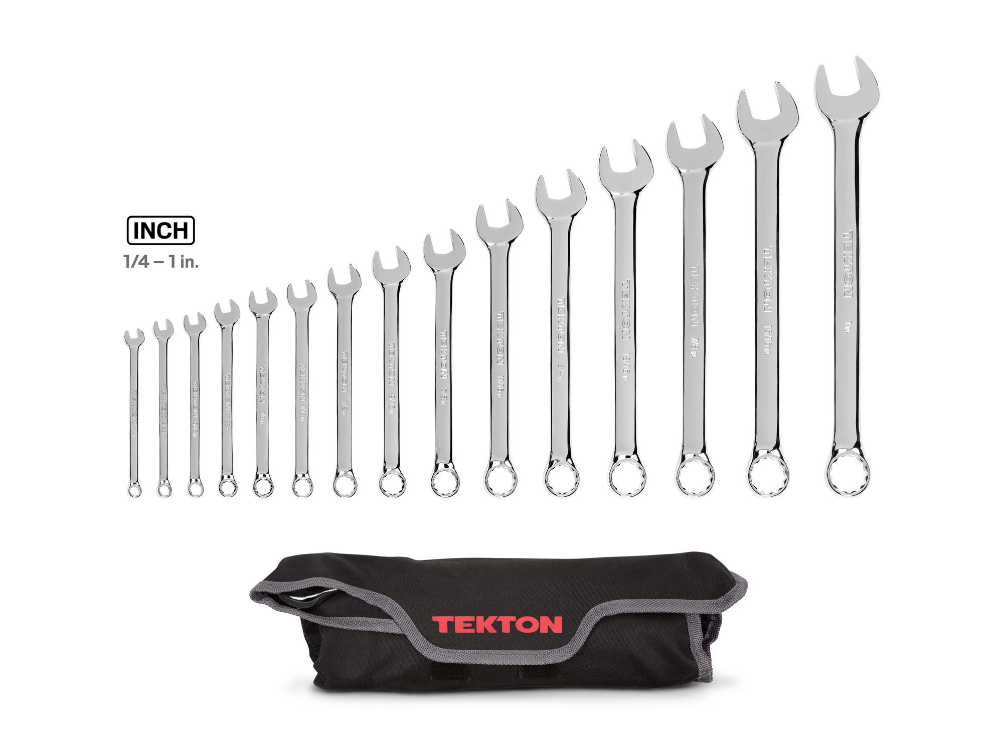 Laid out contents of  Tekton pouch combination wrench set. Item #X143