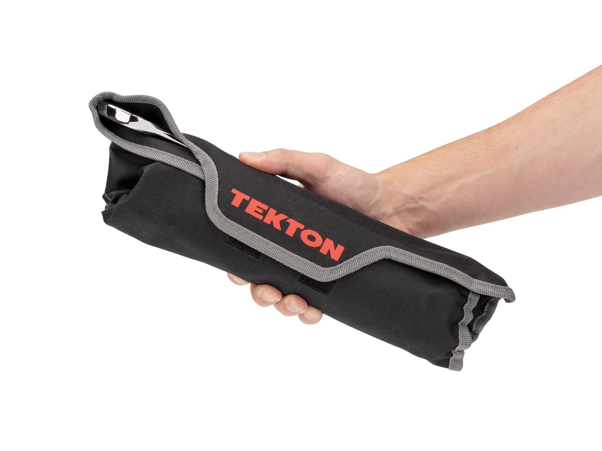 Person holding  Tekton pouch combination wrench set. Item #X143