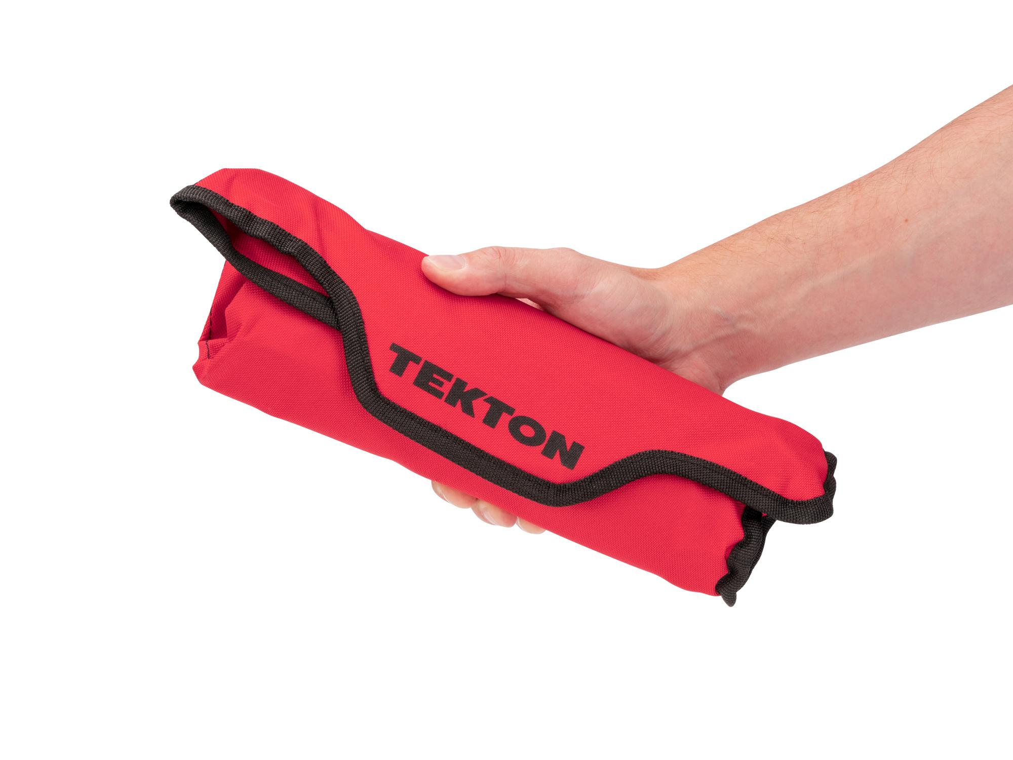 Person holding Tekton roll combination wrench set. Item #X144