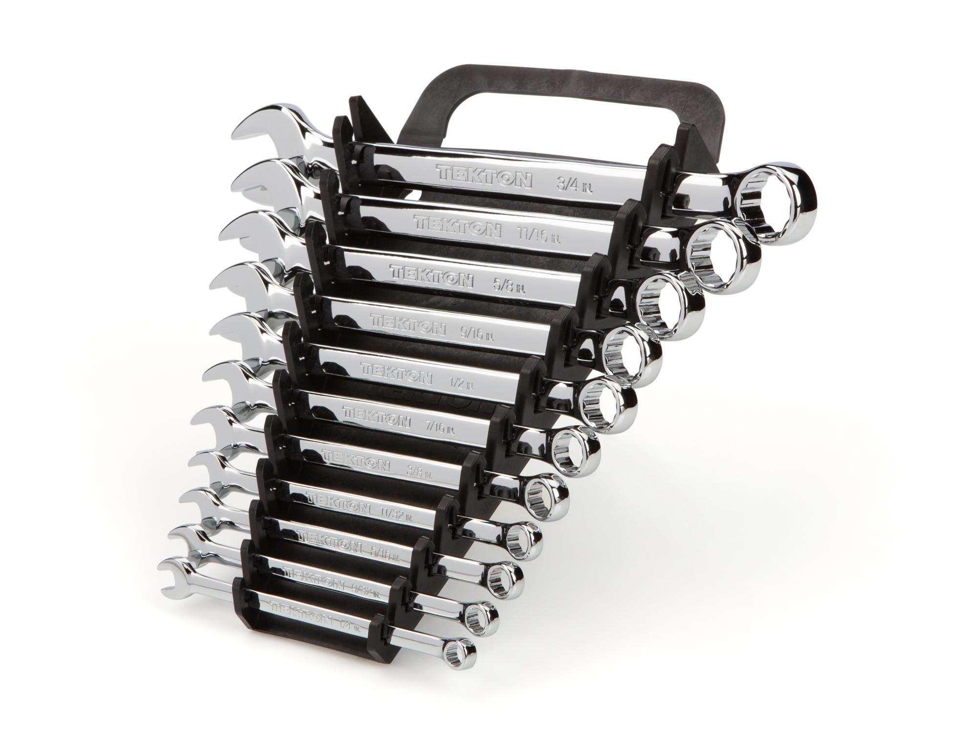 Front-right angle view of Tekton holder combination wrench set. Item #X146