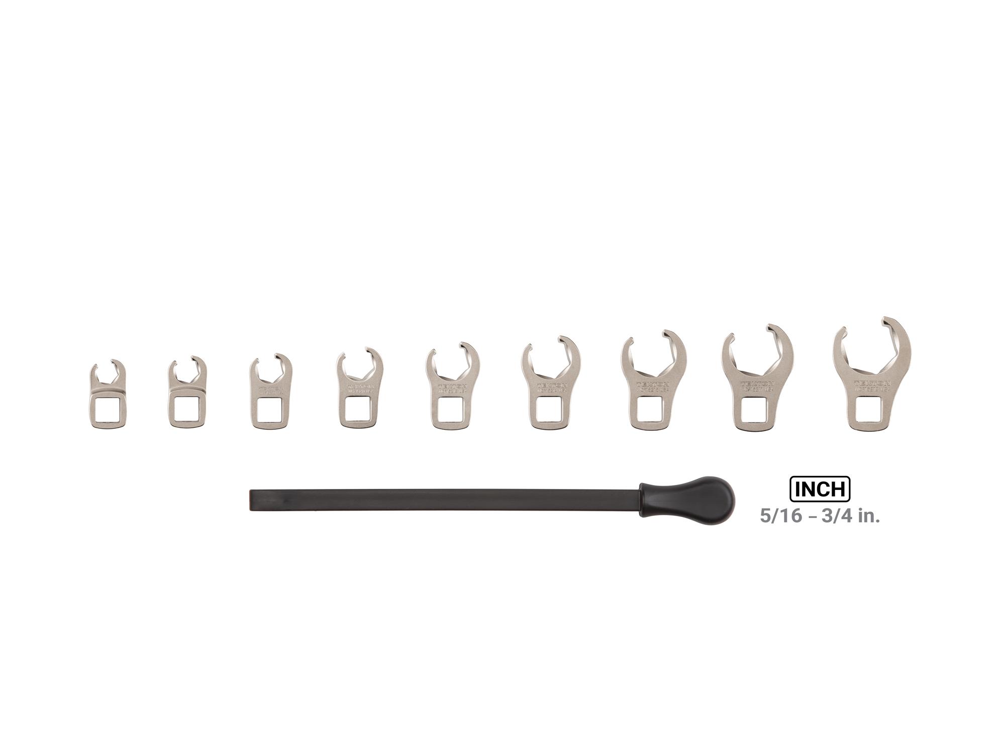 Laid out contents of Tekton key crowfoot wrench set. Item #WCF91120