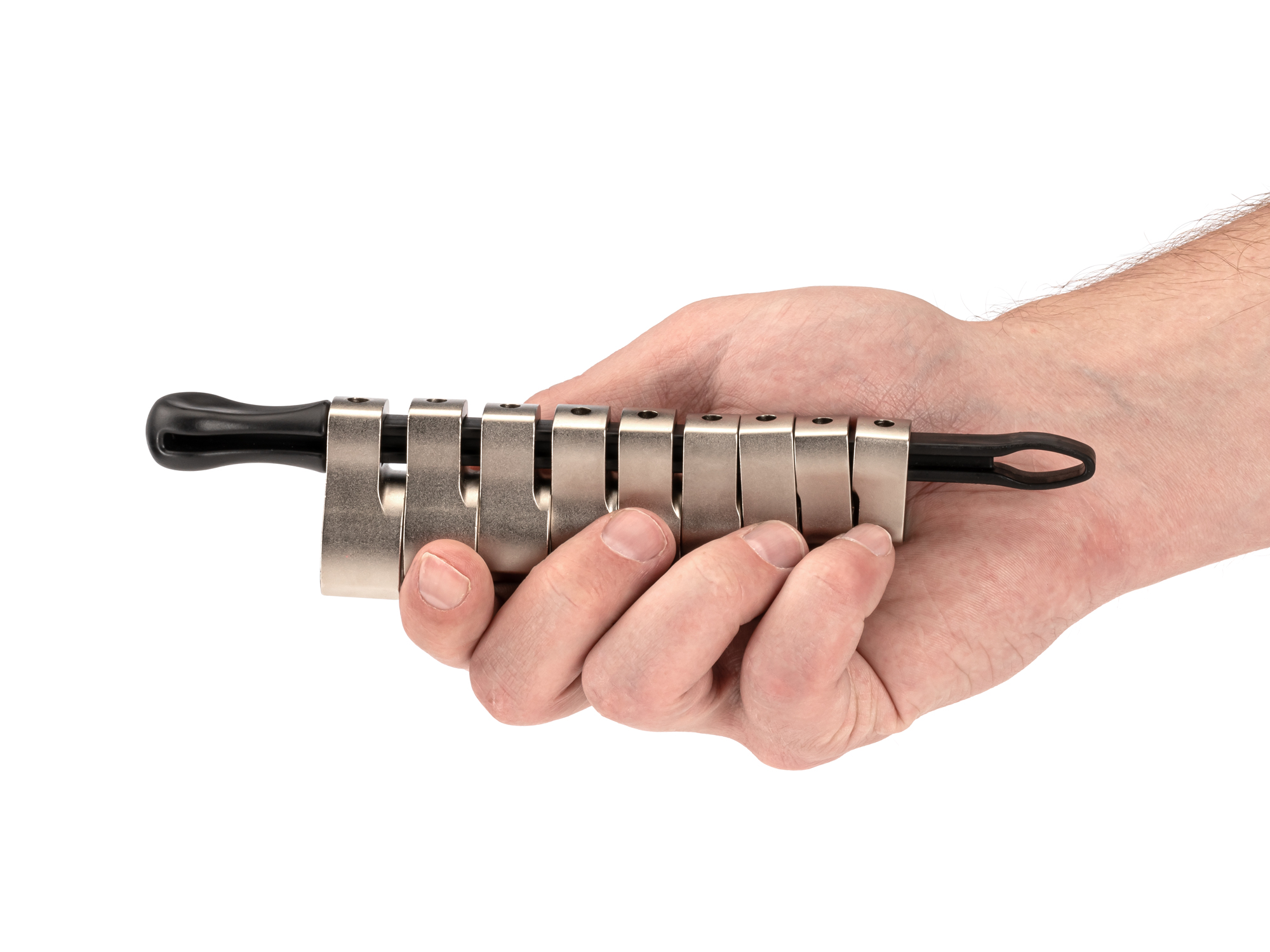 Person Holding 9-piece inch crowfoot wrench set in a black key