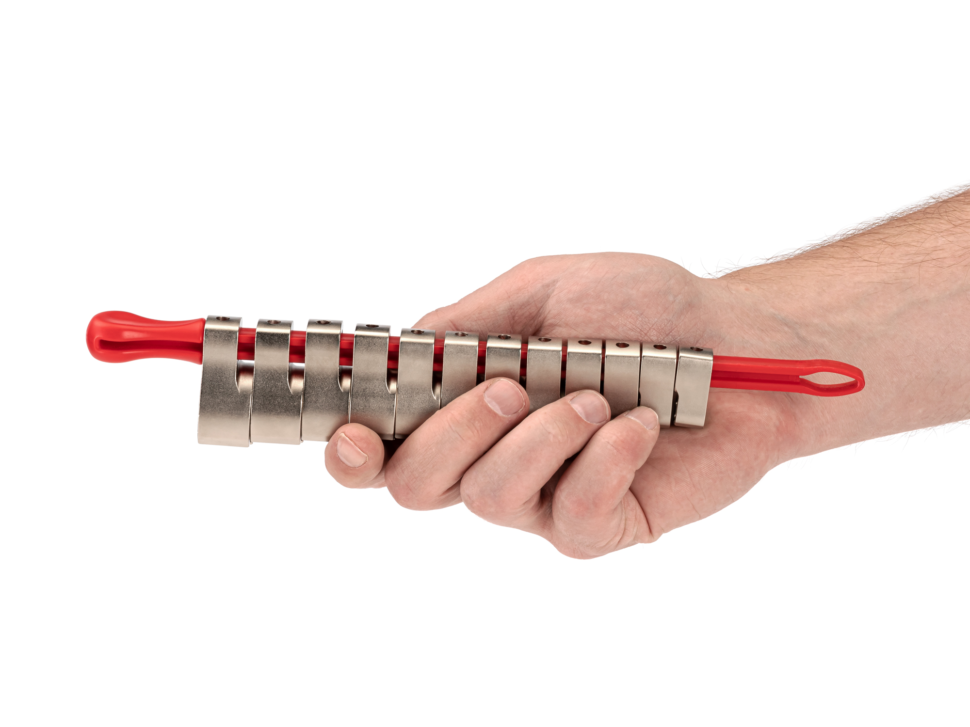 Person Holding 12-piece metric crowfoot wrench set in a red key