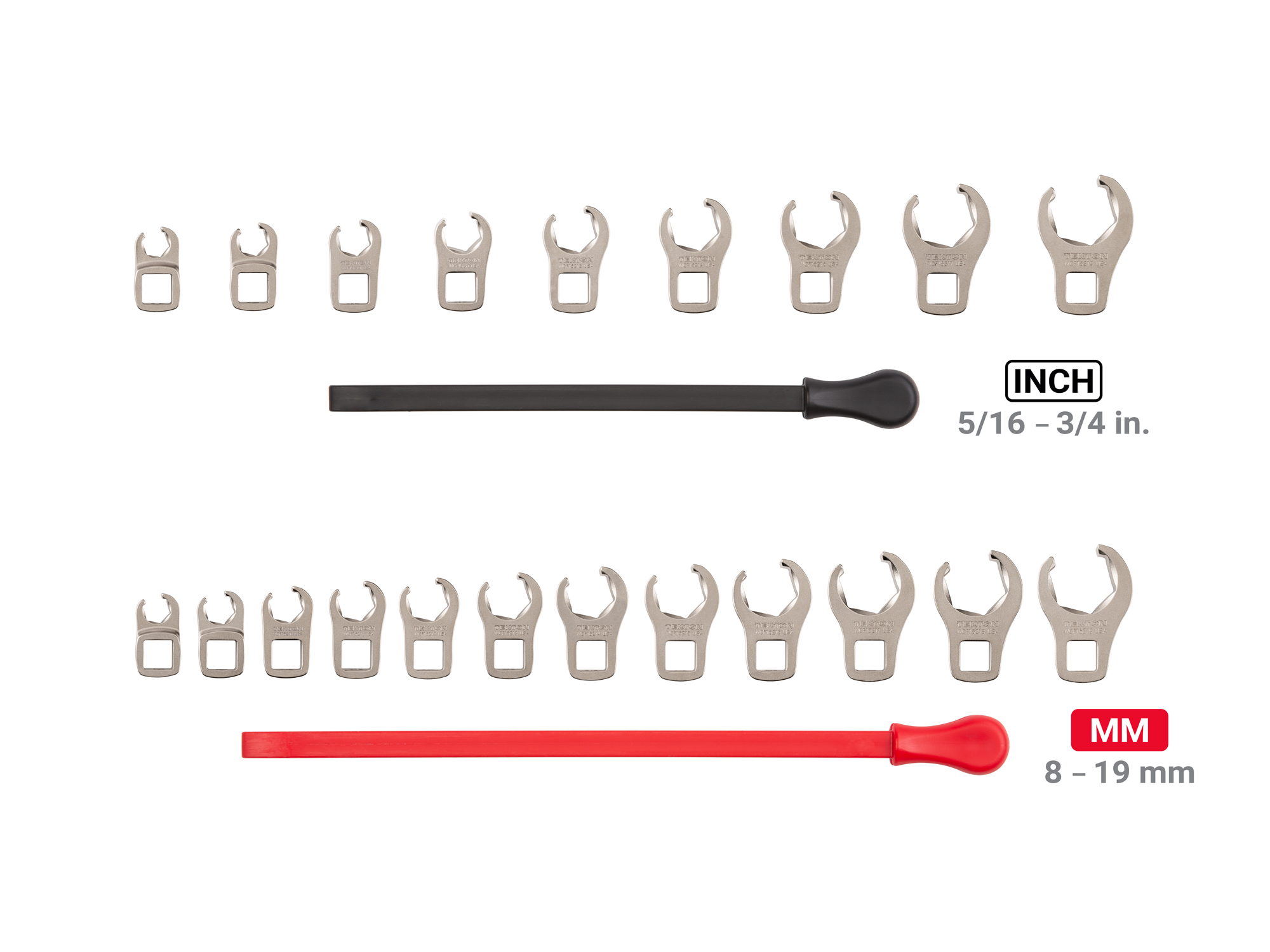 3/8 inch drive 6-point set includes: 5/16-3/4 inch (SAE), 8-19 mm (Metric). Disconnect brake, fuel, and hydraulic lines without rounding-off fasteners. No skipped sizes. WCF91320