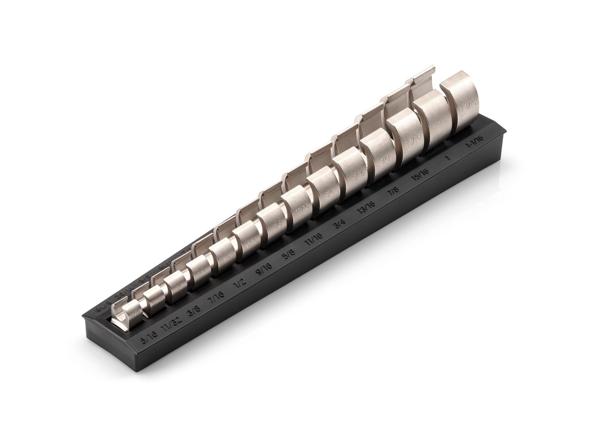Front-right angle view of Tekton rack crowfoot wrench set. Item #WCF92120