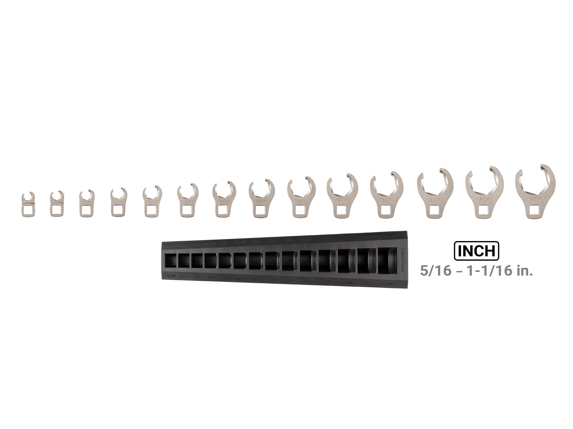 Laid out contents of Tekton rack crowfoot wrench set. Item #WCF92120