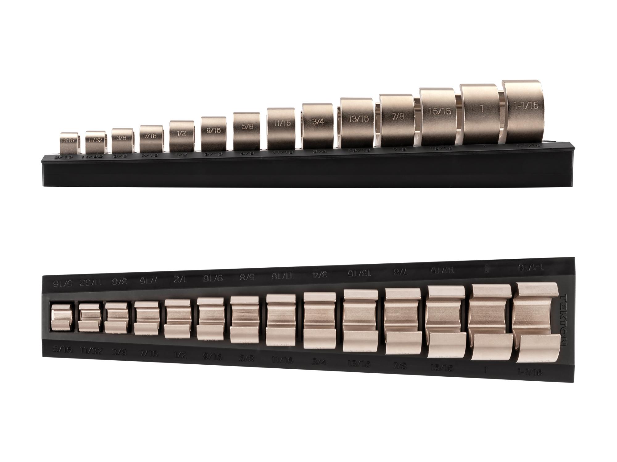 Side view of Tekton rack crowfoot wrench set. Item #WCF92120