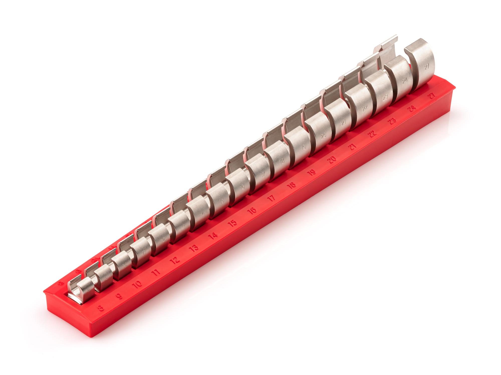 Front-right angle view of Tekton rack crowfoot wrench set. Item #WCF92220