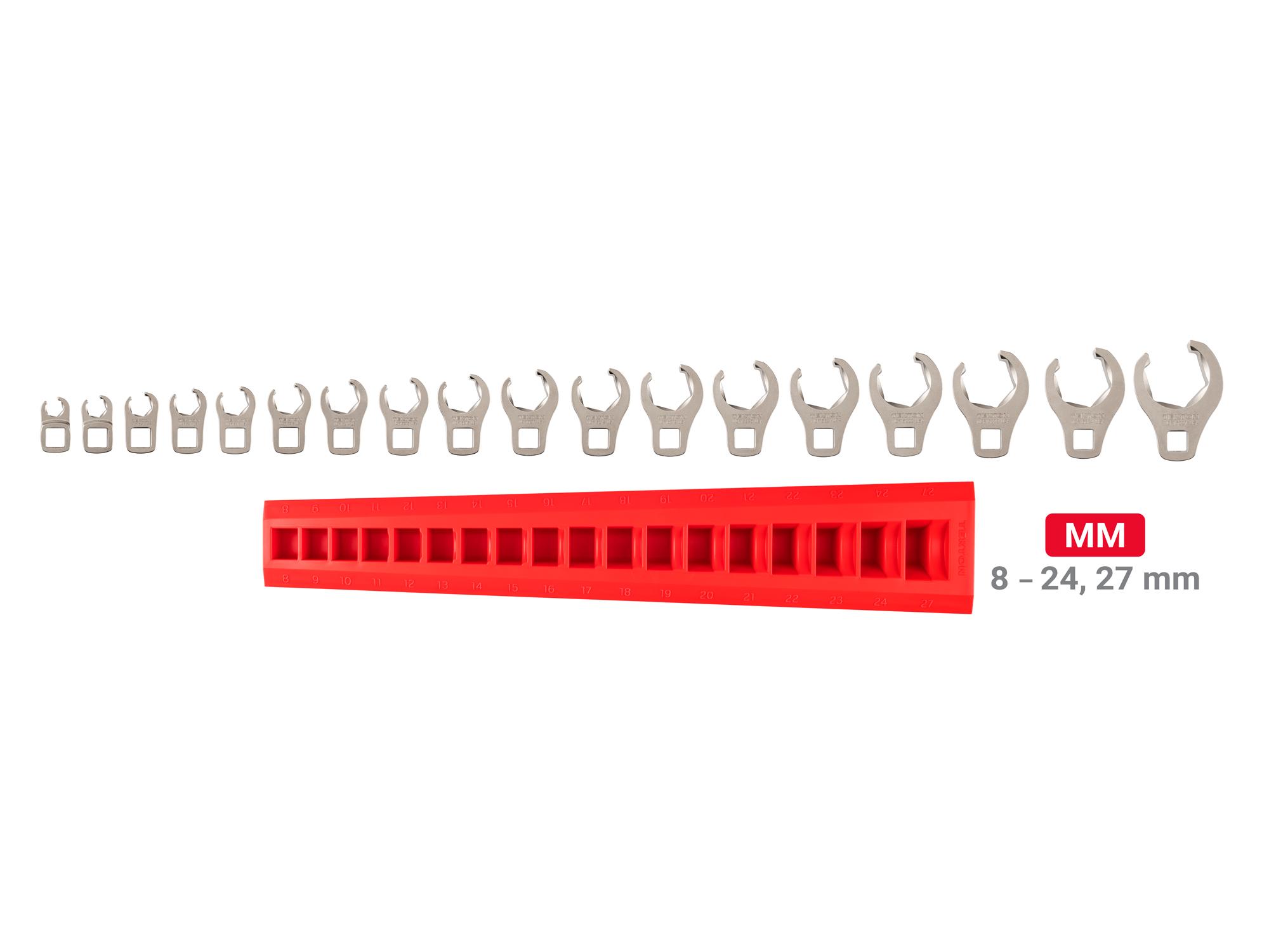 Laid out contents of Tekton rack crowfoot wrench set. Item #WCF92220