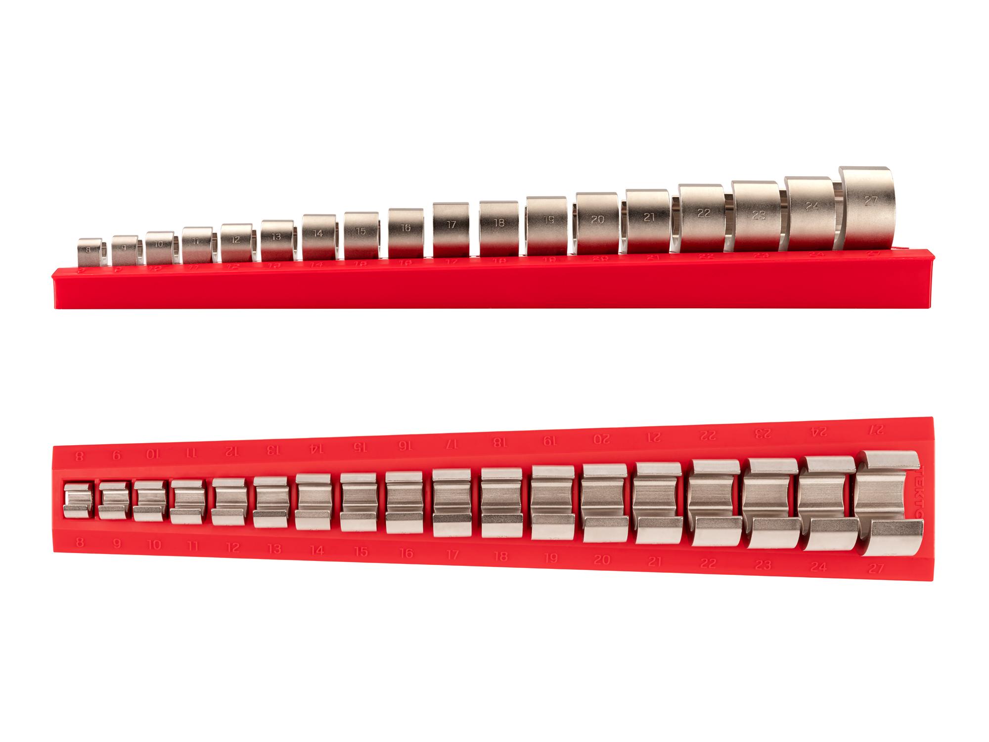 Side view of Tekton rack crowfoot wrench set. Item #WCF92220