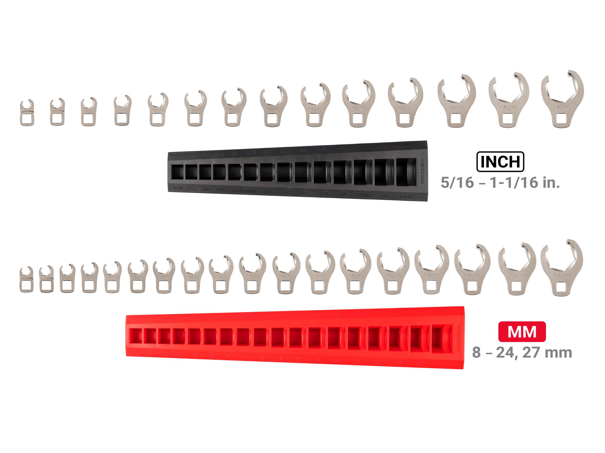 Laid out contents of Tekton rack crowfoot wrench set. Item #WCF92320