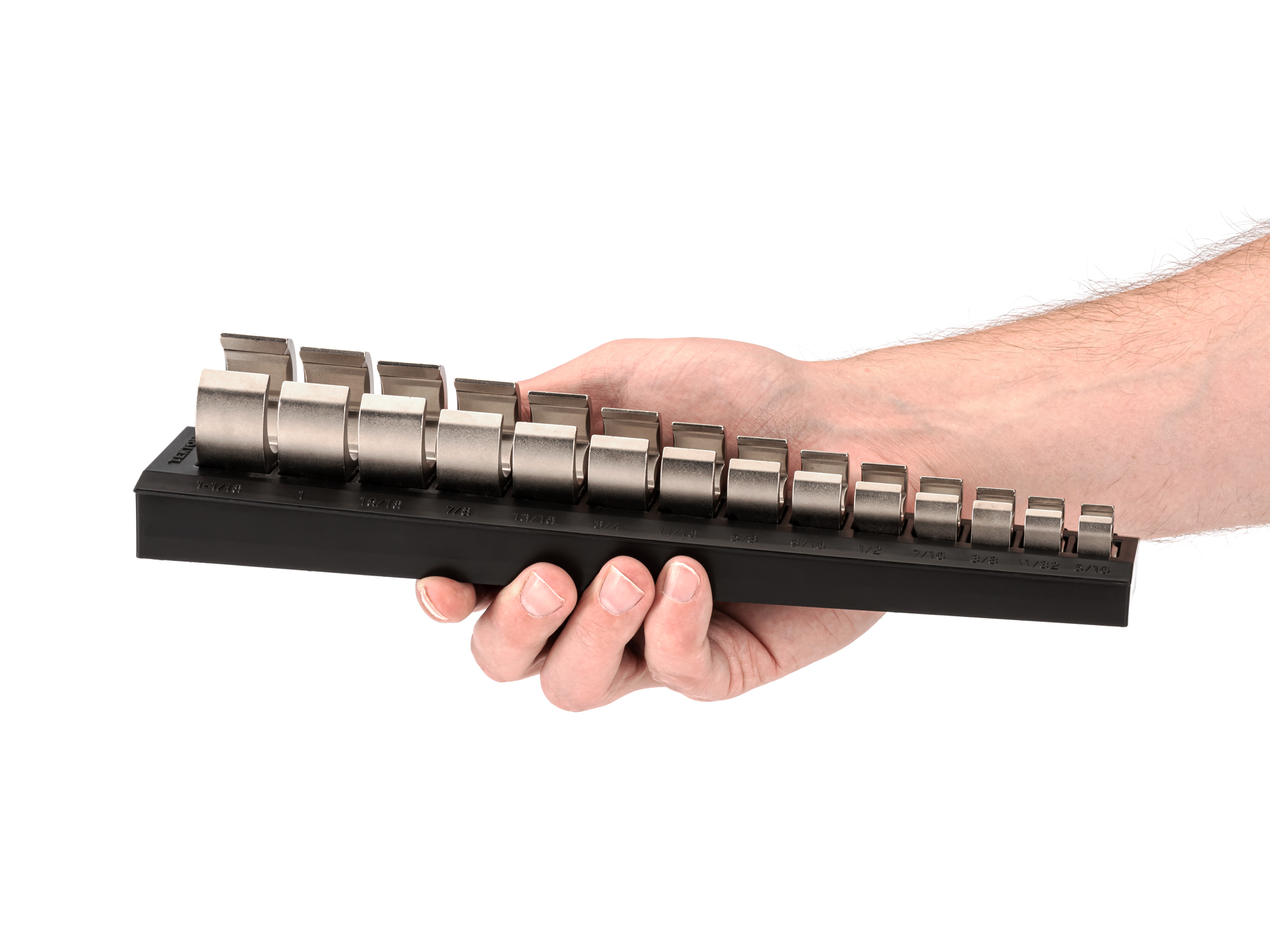 Person Holding 14-piece inch crowfoot wrench set in a black rack