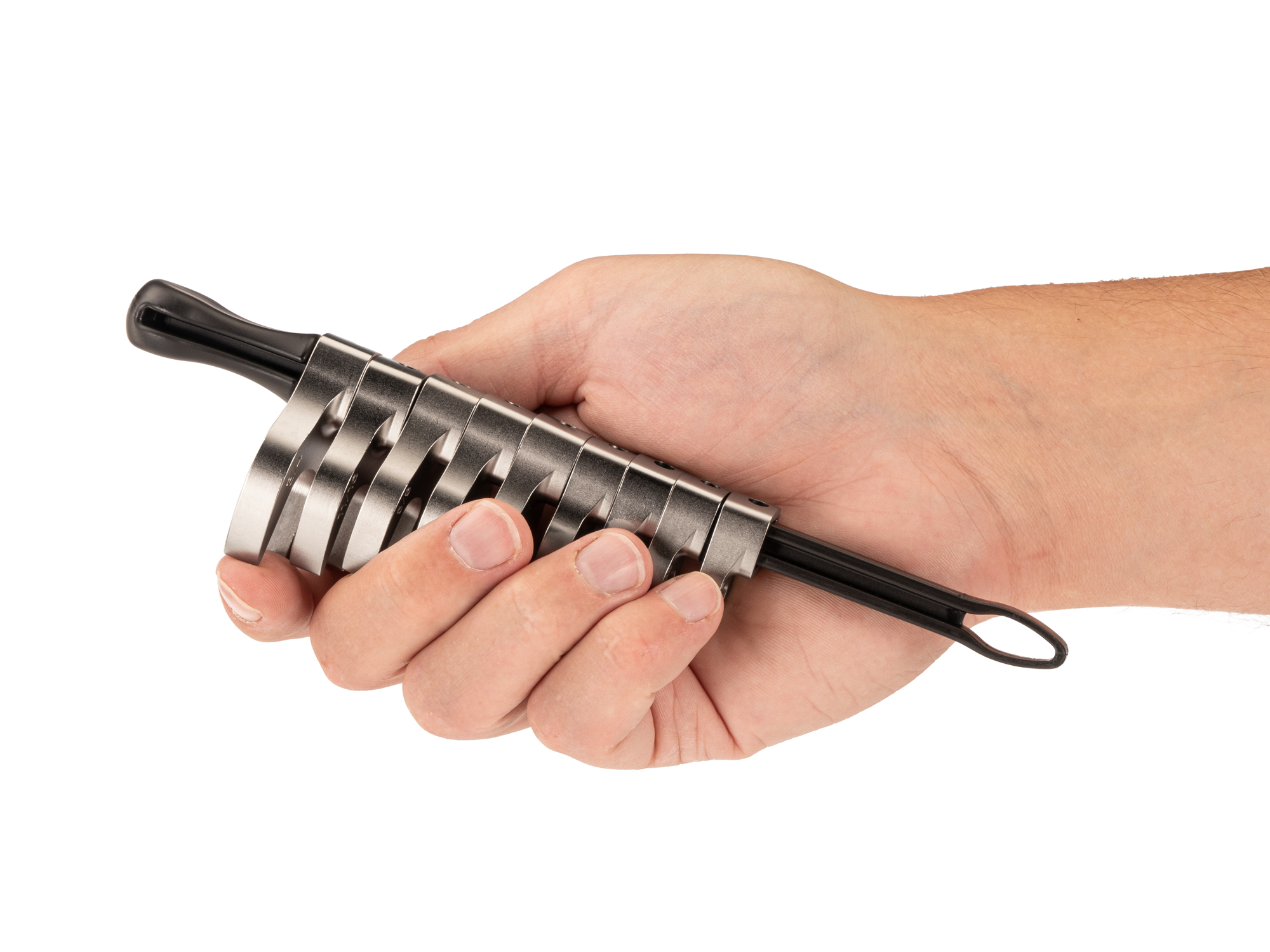 Person Holding 9-piece inch crowfoot wrench set in a black key