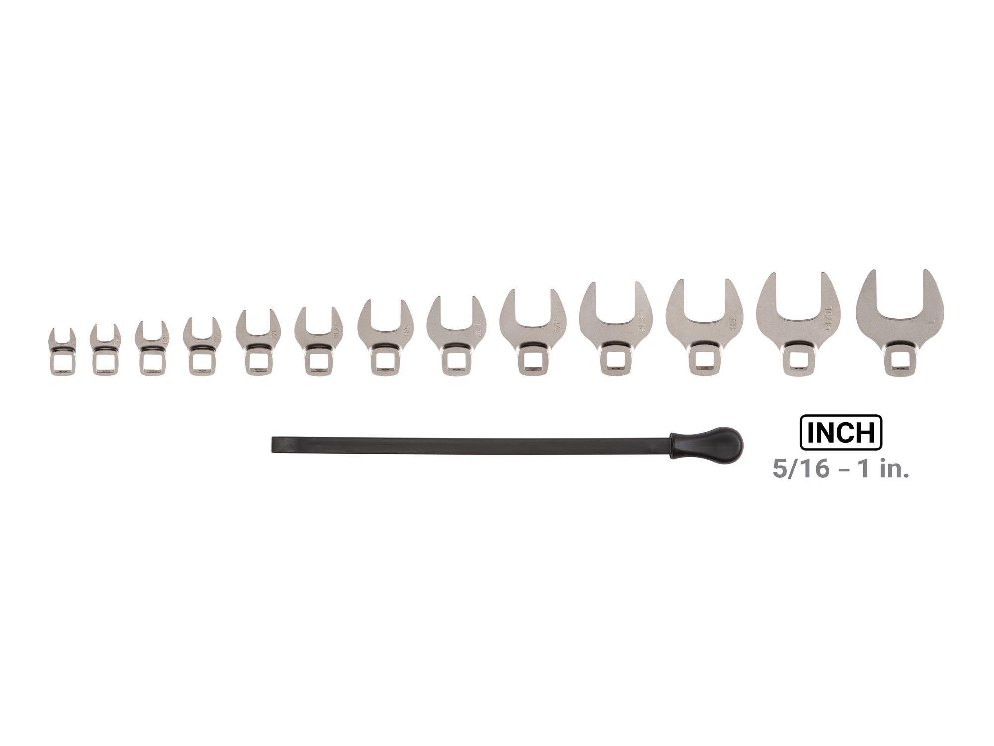 Laid out contents of Tekton key crowfoot wrench set. Item #WCF94102
