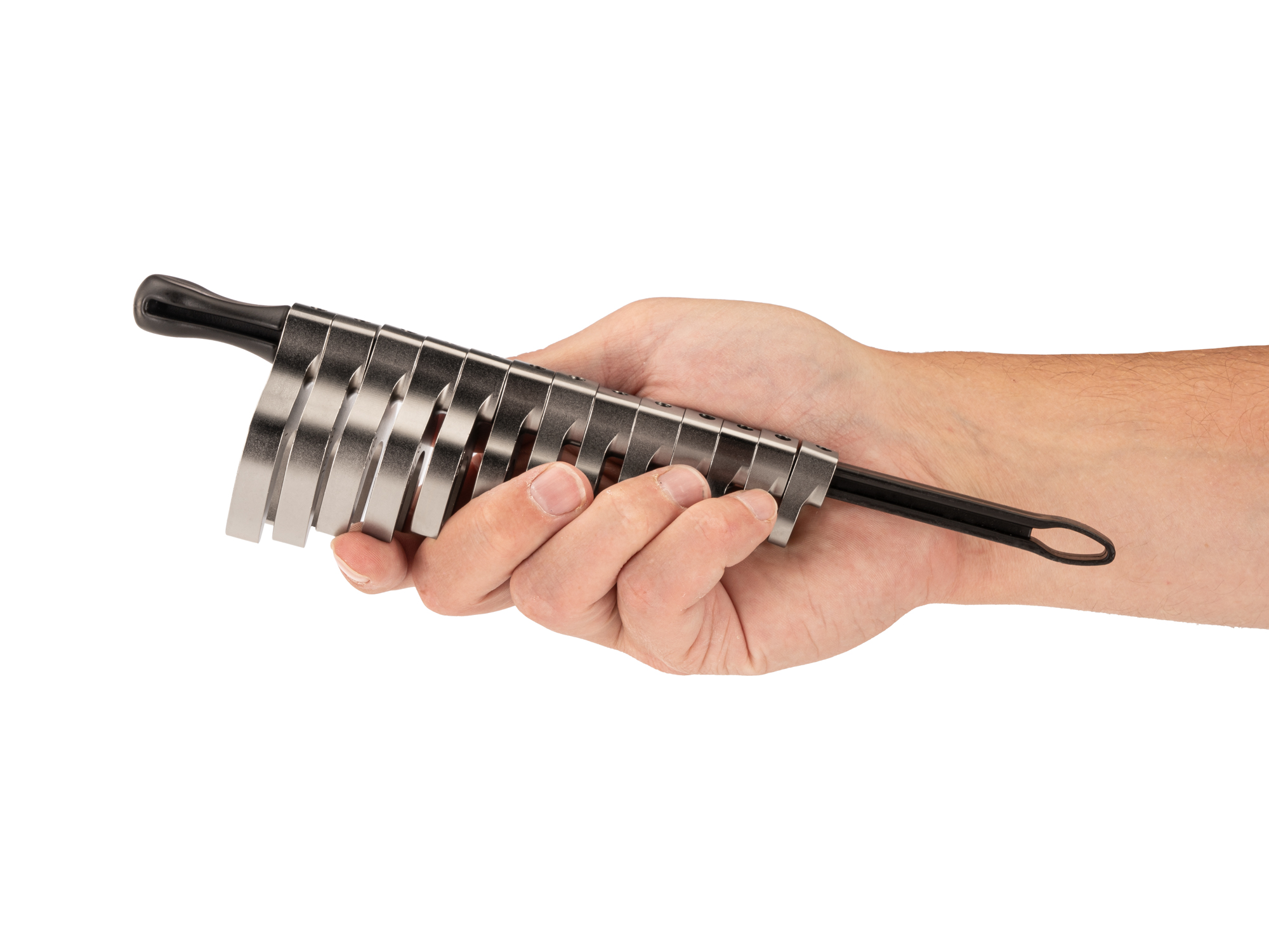 Person Holding 13-piece inch crowfoot wrench set in a black key