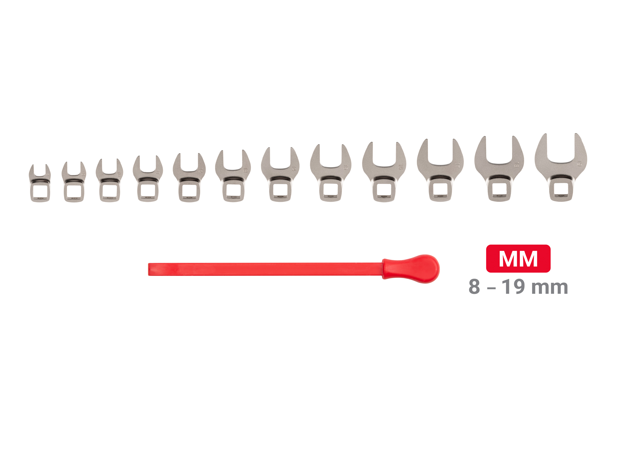 Includes: 8-19 mm (Metric). 3/8 inch drive crowfoot wrenches with no skipped sizes. Comes with key. Made in USA. WCF94201.
