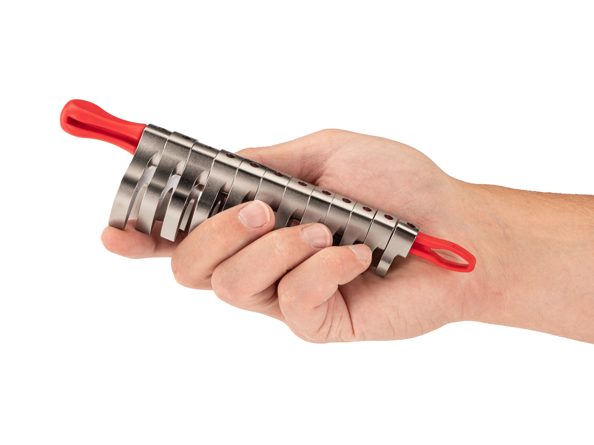 Person Holding 12-piece metric crowfoot wrench set in a red key