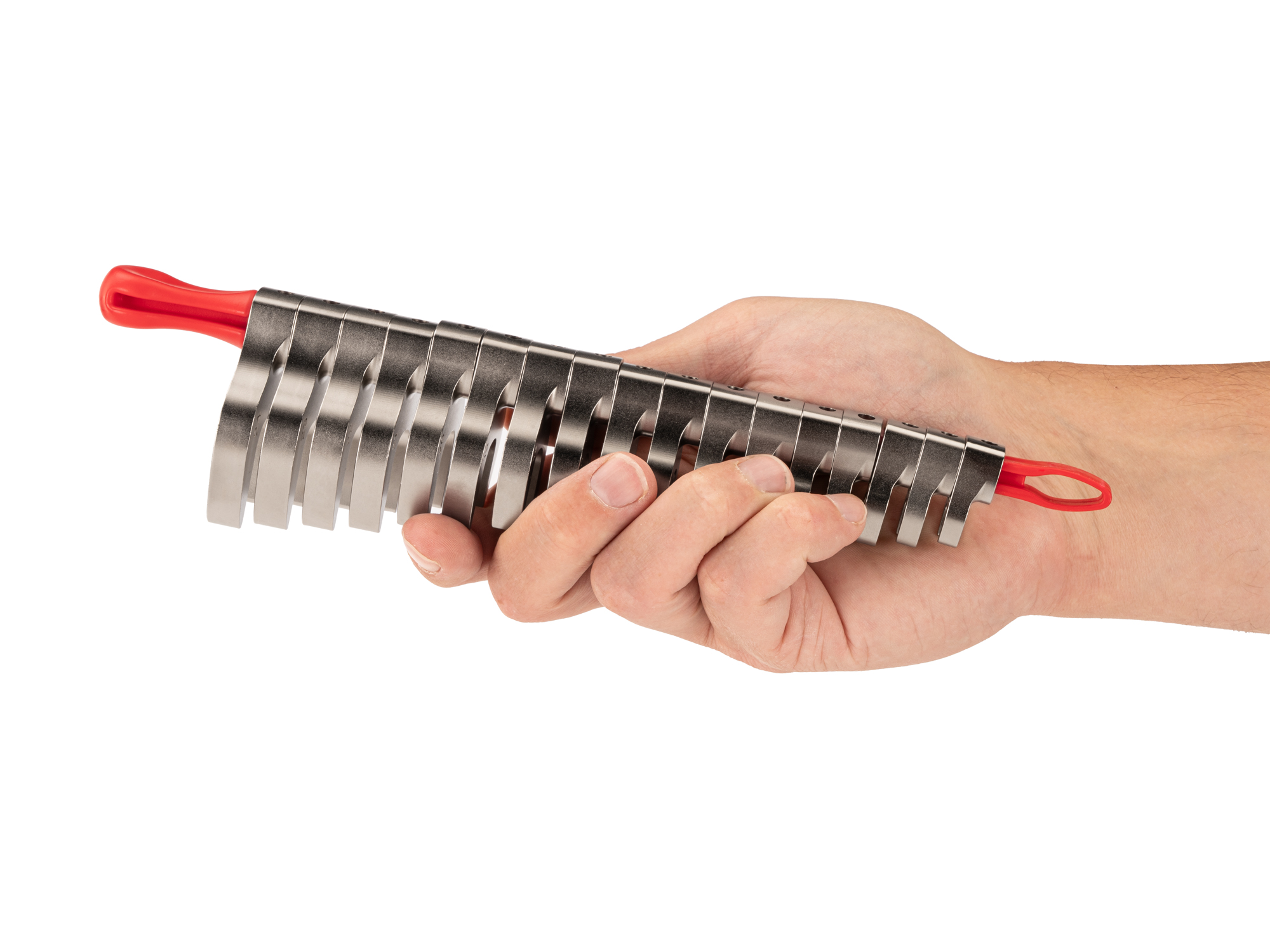 Person Holding 17-piece metric crowfoot wrench set in a red key